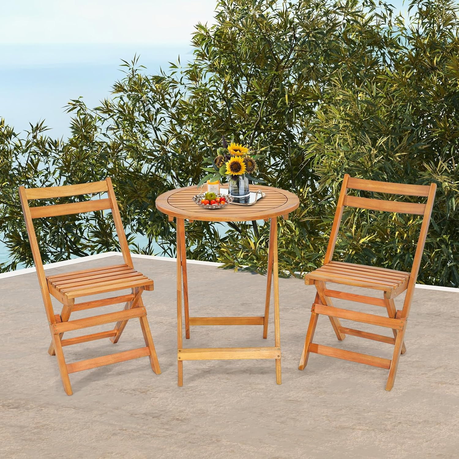 3 Pieces Folding Patio Bistro Set, Solid Acacia Wood Table and Chairs with Slatted Tabletop, Back & Seat, Foldable Outdoor Furniture Set for Patio, Backyard, Garden, Poolside, Natural