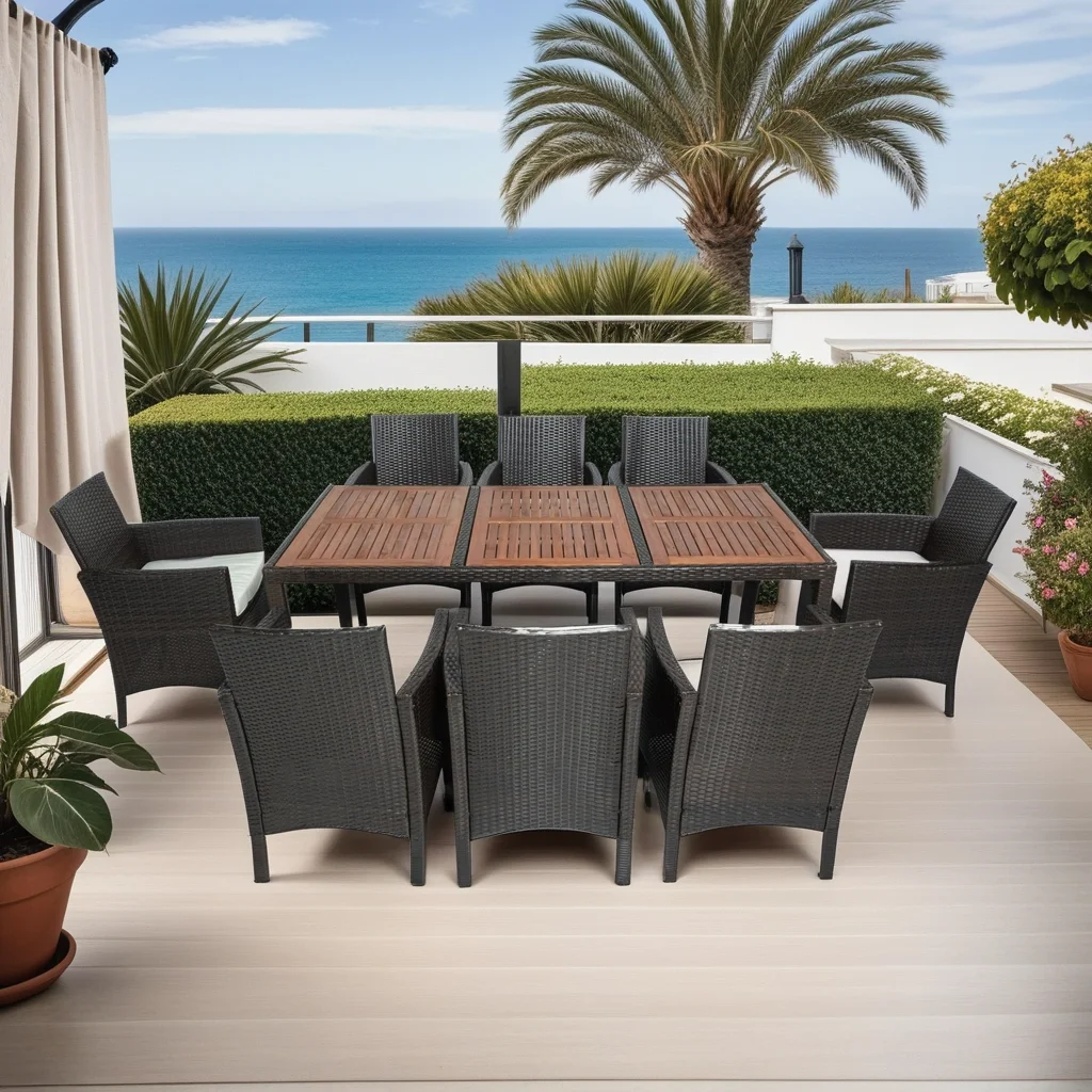 Elegant 9-Piece Outdoor Patio Wicker Dining Set with Acacia Wood Top  Brown Wicker Furniture and Crème Cushion - Perfect for Outdoor Dining and Entertaining