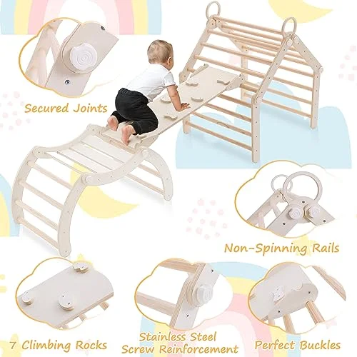 Transformable Climbing Triangle, Pikler Triangle Set with Arch and Ramp, Foldable Wooden Montessori Climbing, Wood Play Gym, Toddler Gym for 2-6 Years.