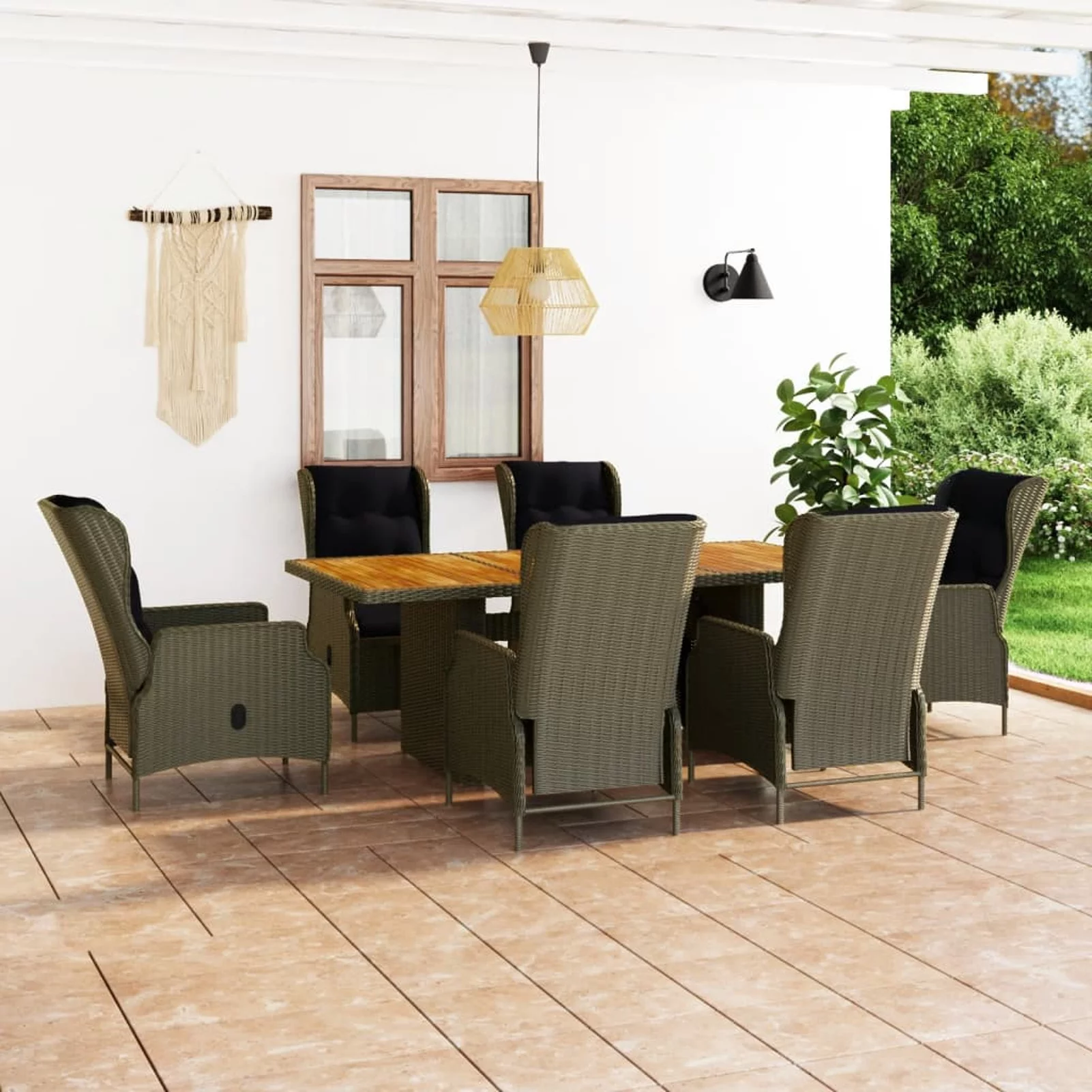 Walmeck 7 Piece Patio Dining Set with Cushions Poly Rattan Brown