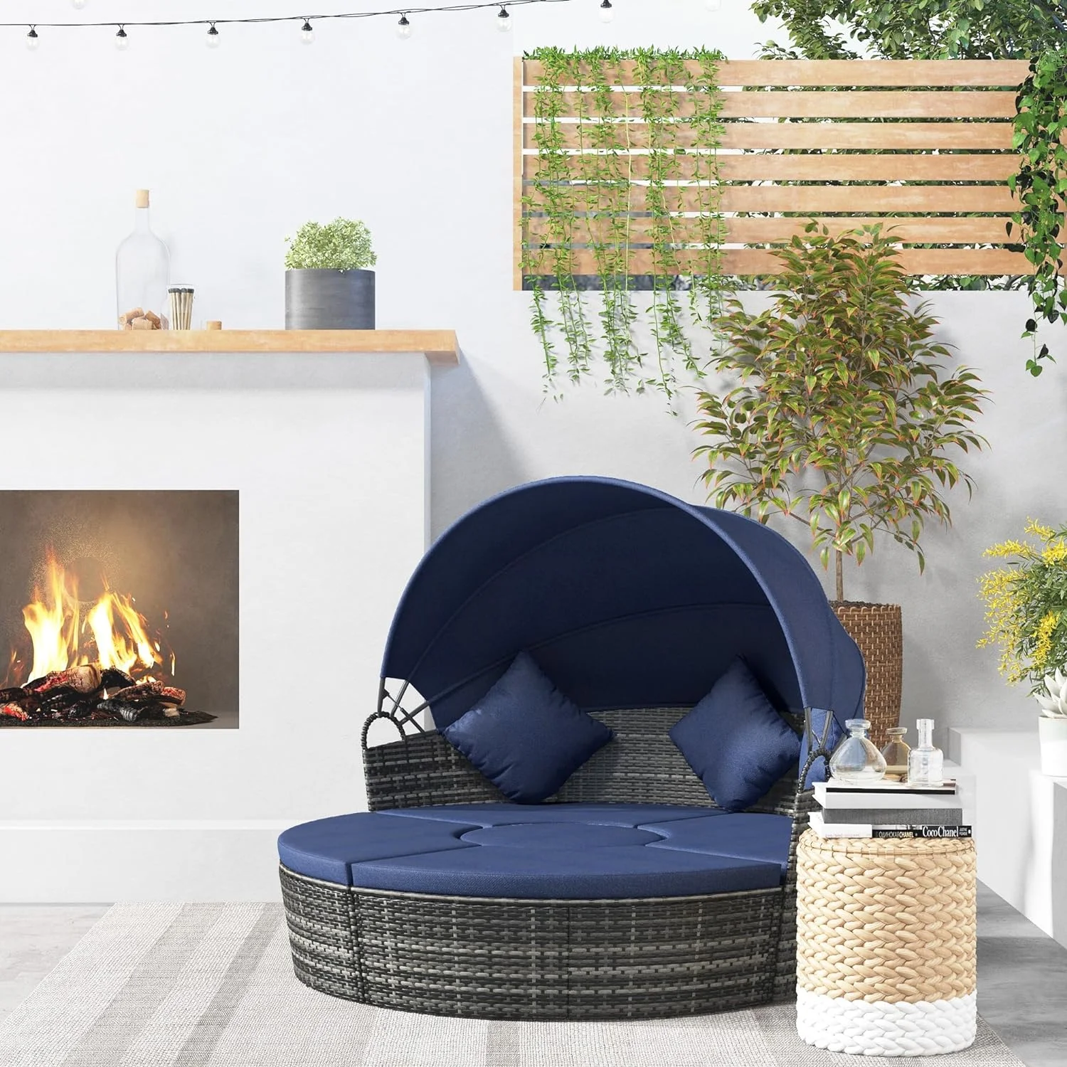 Dina 4-Piece Round Convertible Daybed with Cushions  Outdoor PE Rattan Patio Wicker Sofa Set  Sunbed with Adjustable Sun Canopy  Sectional Sofa  2 Chairs  Table  3 Pillows  Cream White