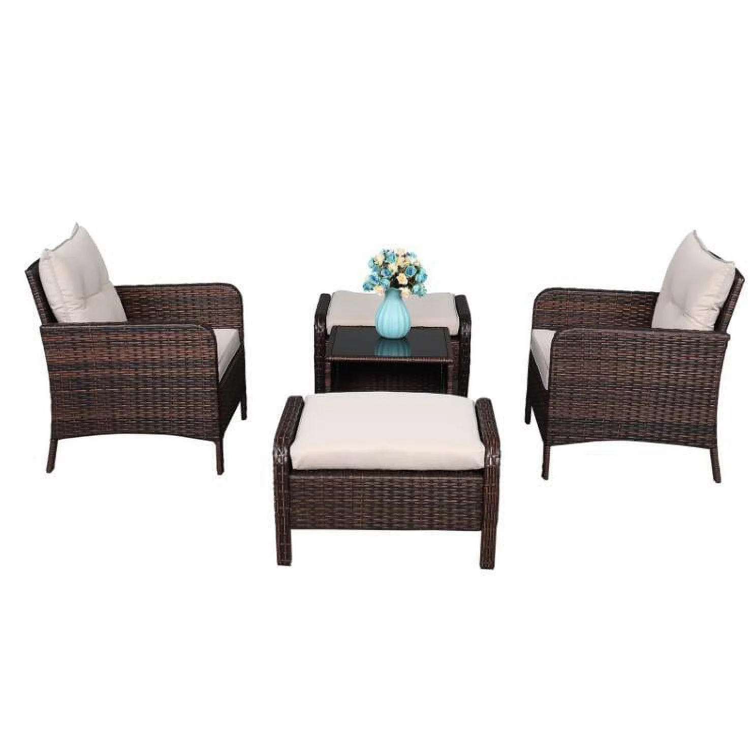 5PCS Rattan Set 2pcs Single Sofa 2pcs Footstool &1pc Coffee Table Round Patio