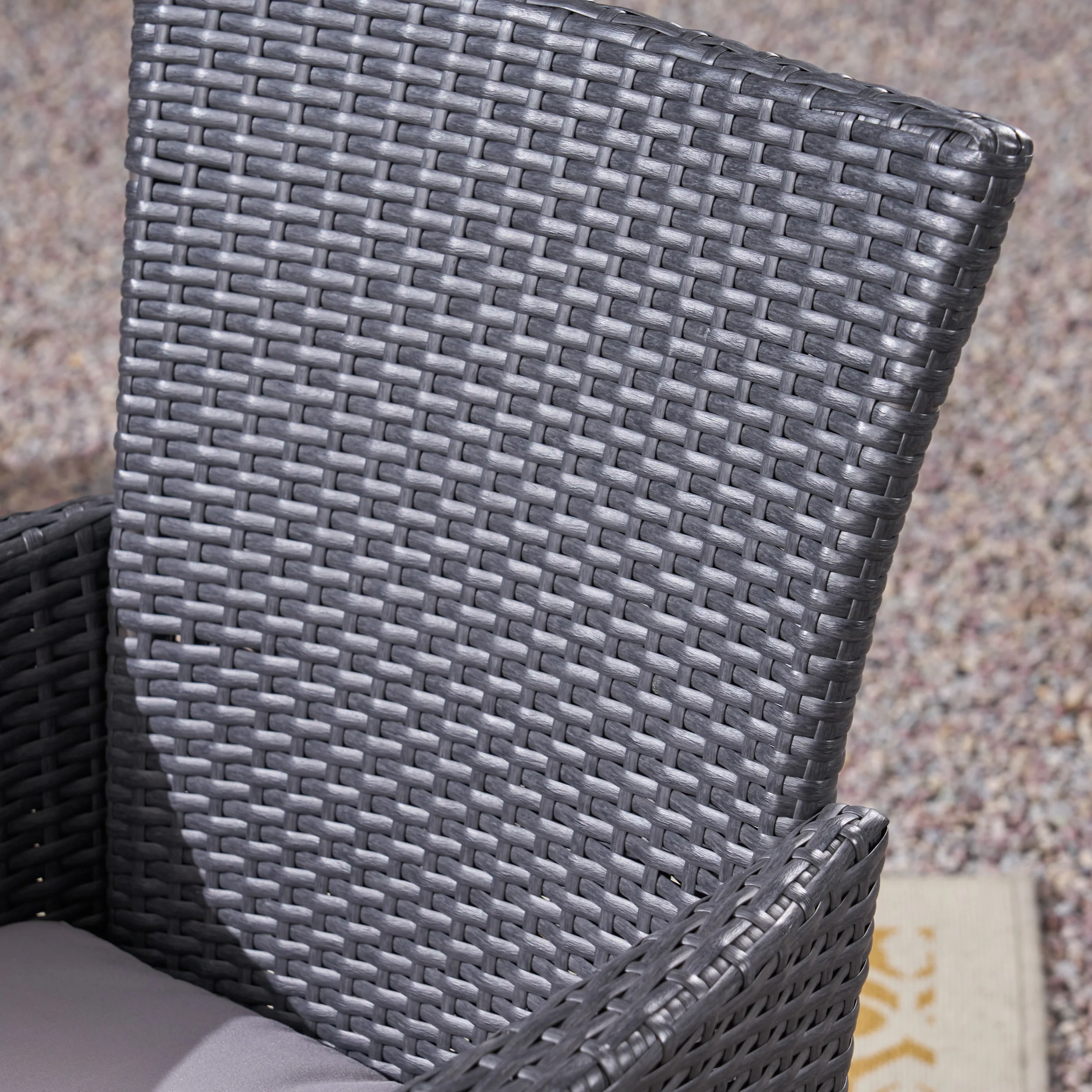 Jack Outdoor 6 Piece Acacia Wood Dining Set with Bench and Wicker Chairs, Sandblast Dark Grey, Gray, Silver