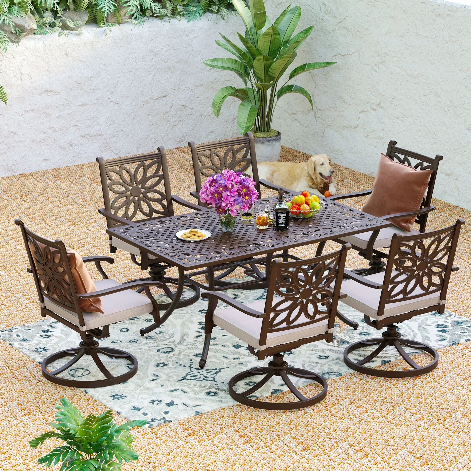 7-Piece Cast Aluminum Patio Dining Set with Rectangle Dining Table & 6 Cast Aluminum Patio Chairs Swivel Chairs
