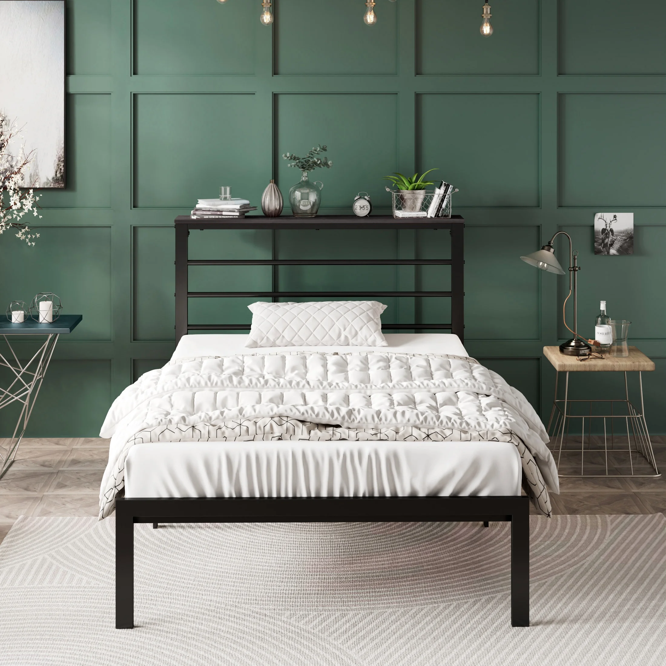 Amolife Twin Size Metal Platform Bed Frame with Vintage Headboard Shelf, Black Oak