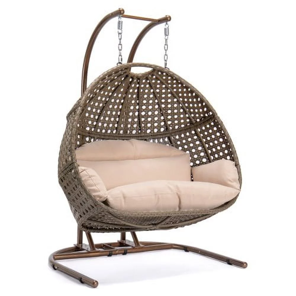 Buumin Brown Wicker Hanging Double-Seat Swing Chair with Stand w/Beige Cushion