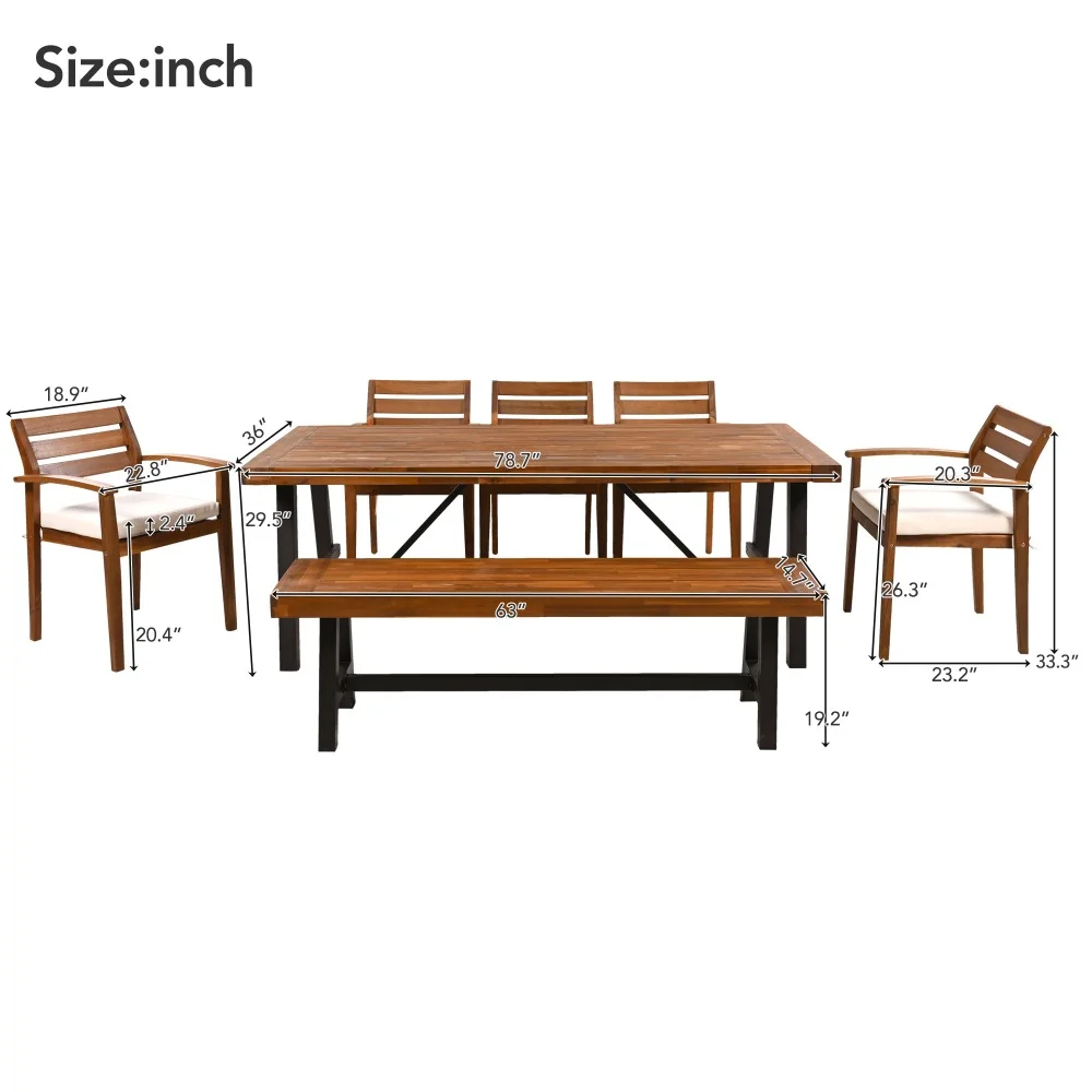 GO Outdoor Wood Dining Set For 7-8 Person, Outdoor Dining Furniture With Removable Cushions, Ergonomic Chairs And Bench, Thicker Table, Nature