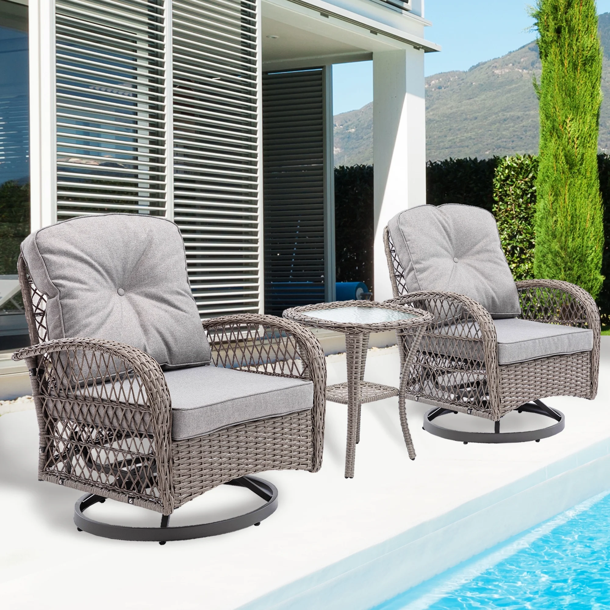HOMEFUN 3-Piece Outdoor Furniture Modern Wicker Gray Sofa Set (1 Wicker Table And 2 Chairs), Wicker Seat With Gray Cushions, Swivel Swaying Rocking Chair Set