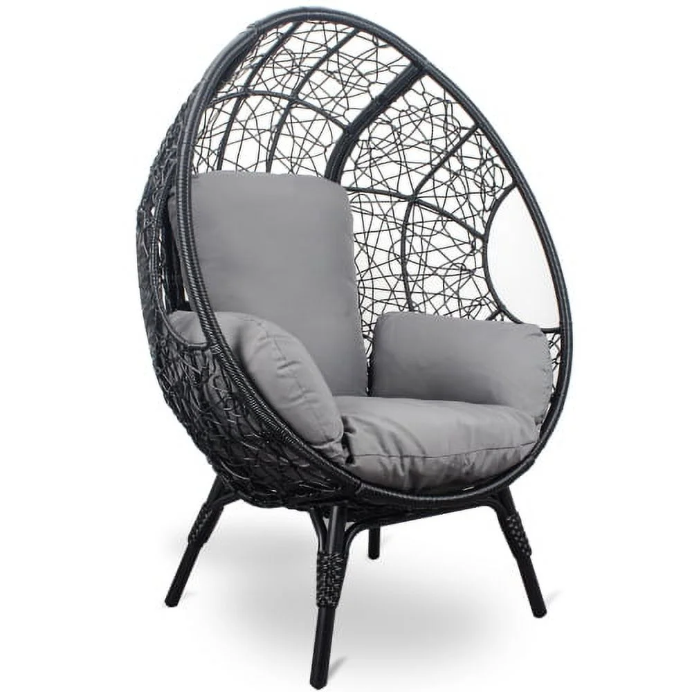 Buumin 3 Pieces Patio Egg Chairs (Model 3) with Side Table Set,Black Color PE Rattan and Grey Cushion