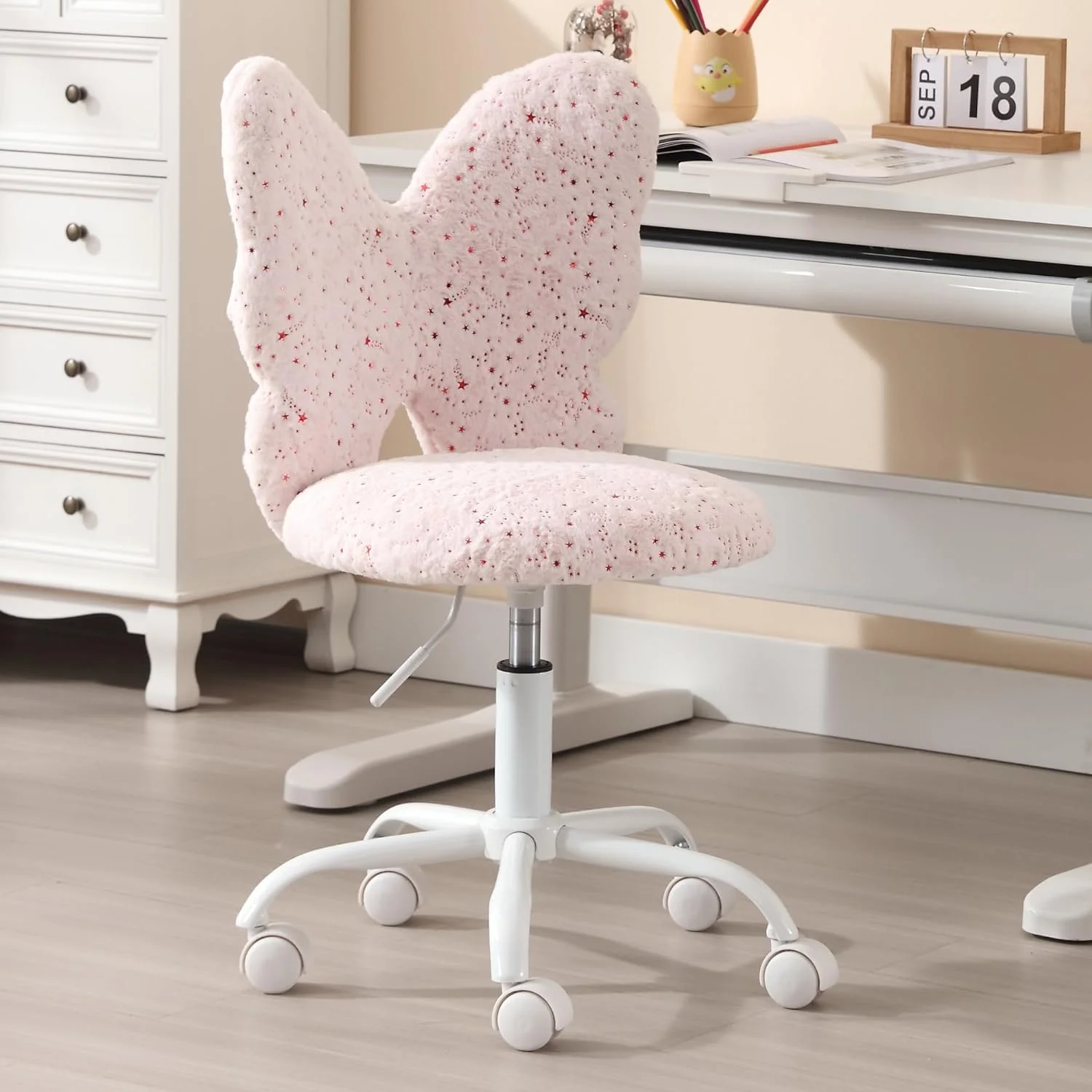 CHYTRV Desk Chair  Faux Fur Butterfly Chair with Wheels Adjustable Fuzzy  Office Chair Cute Swivel Childrens Chair for Bedroom Reading Room - Colorful