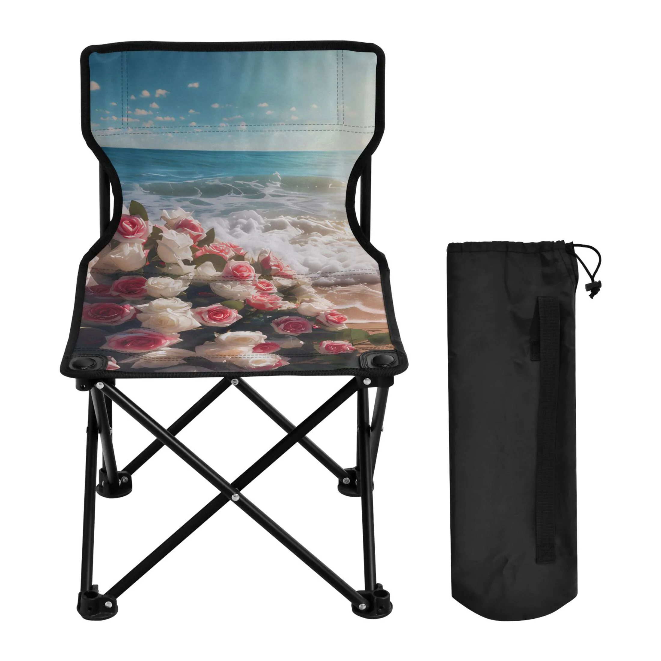 Pink Rose Flowers on Beach Portable Camping Chair Outdoor Folding Beach Chair Fishing Chair Lawn Chair with Carry Bag Support to 220LBS