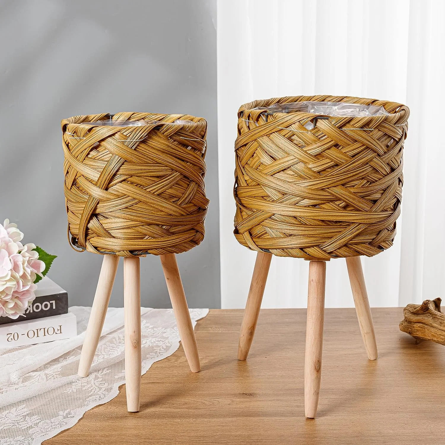 Set of 2 Natural Woven Planter Baskets with Plastic Lining and Wooden Legs (Small & Large)