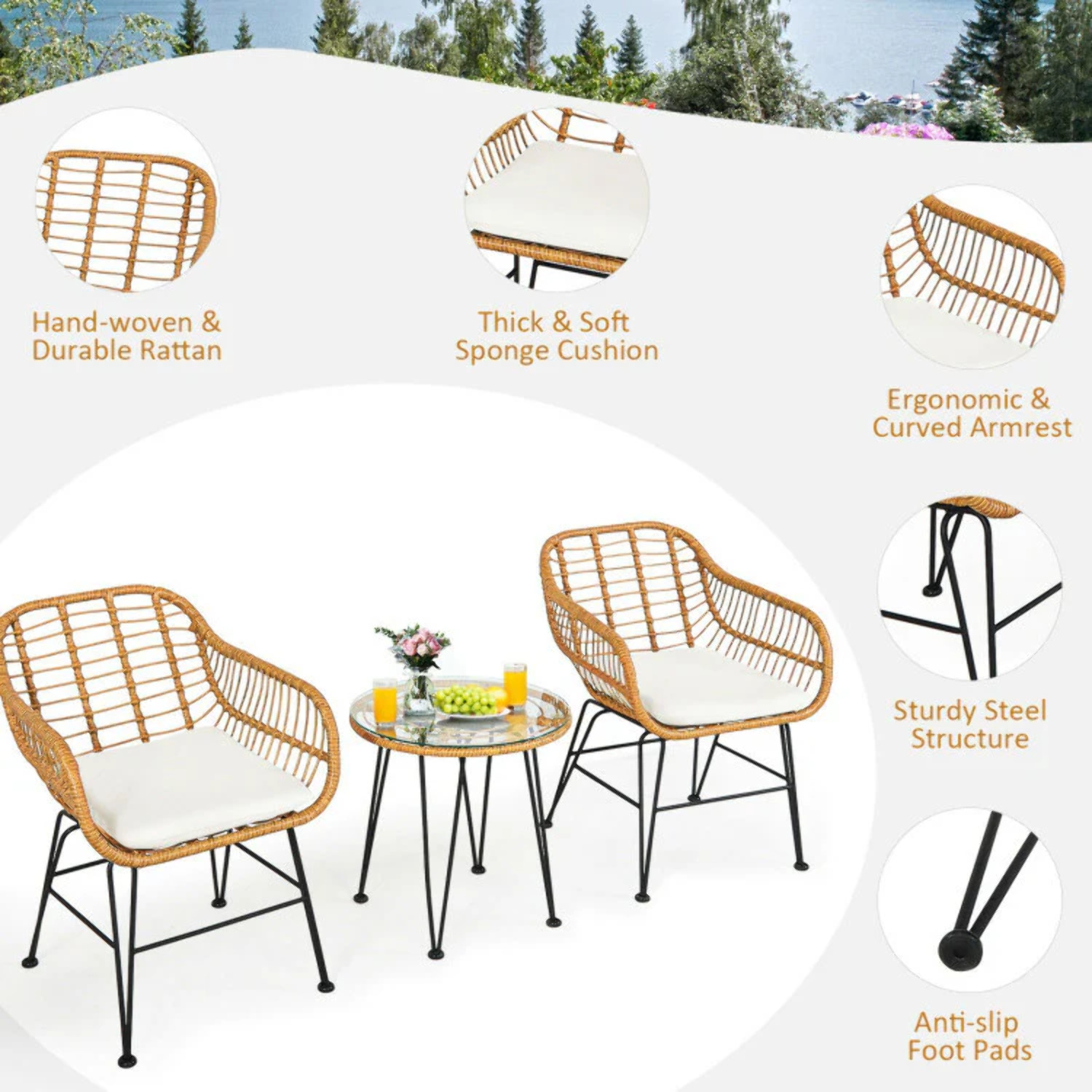 3 Piece Rattan Patio Chair and Table Set