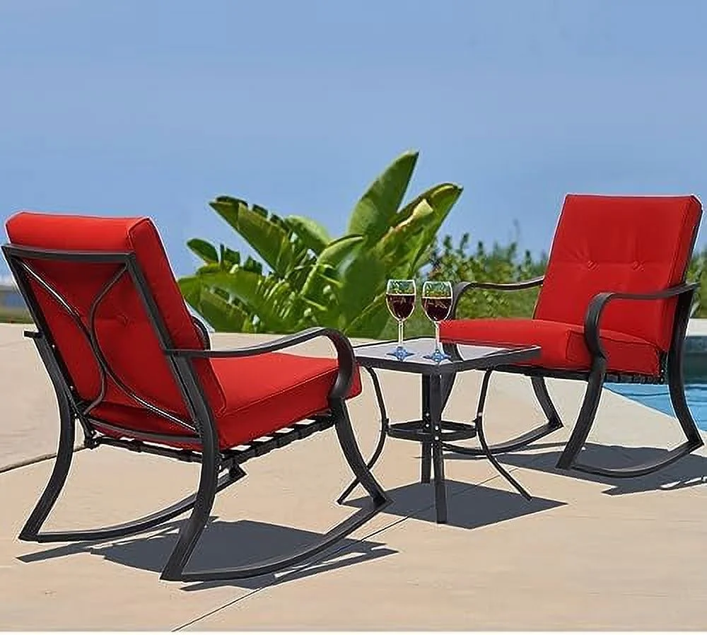 STVBG Outdoor 3-Piece Rocking Chairs Patio  Black Steel  with Thickened Cushion and Glass-Top Coffee Table  Grey