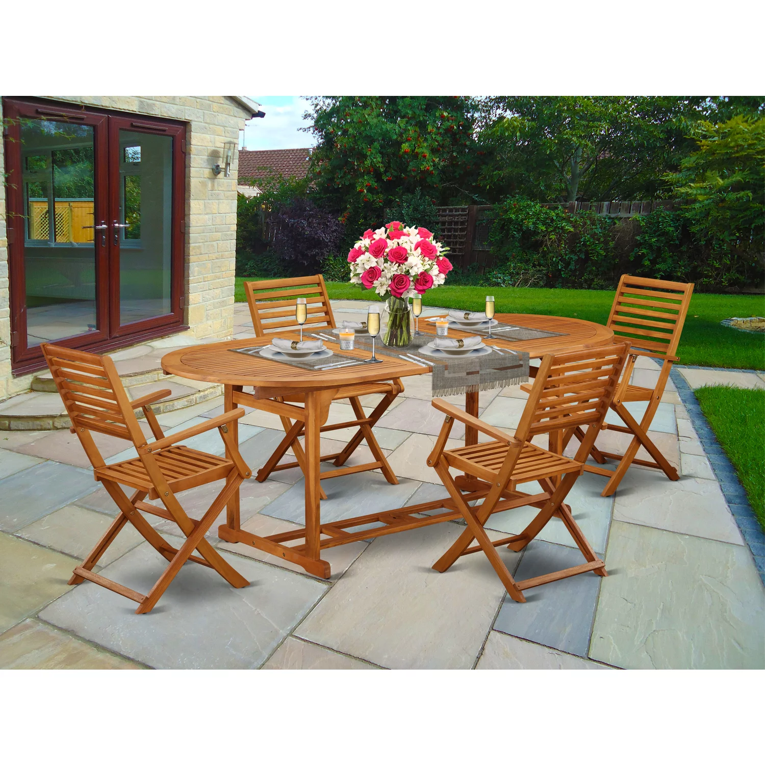 East West Furniture Beasley 5-piece Wood Outdoor Dining Set in Natural Oil