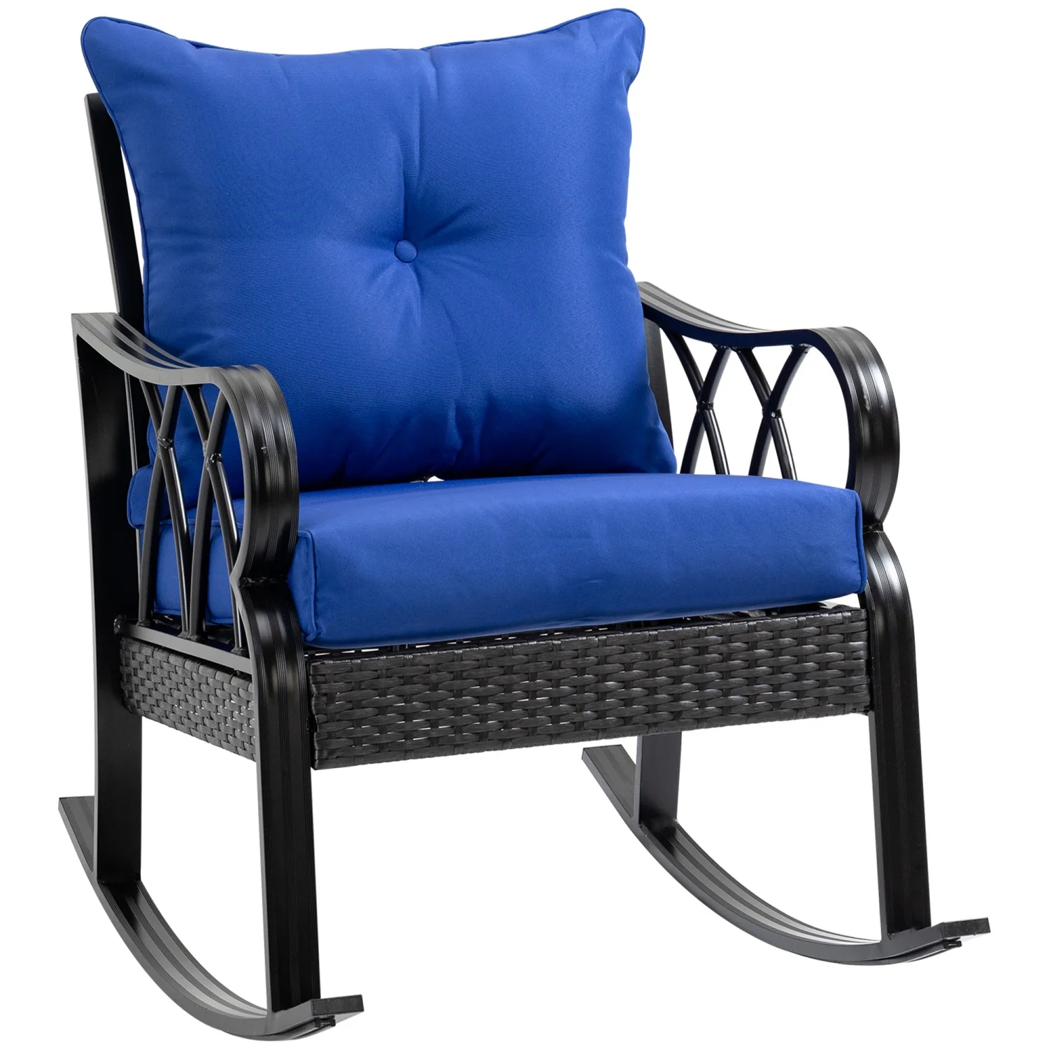 GRTYOKF Outdoor Wicker Rocking Chair with Padded Cushions  Aluminum  Rattan Porch Rocker Chair w/ Armrest for Garden  Patio  and Backyard  Blue