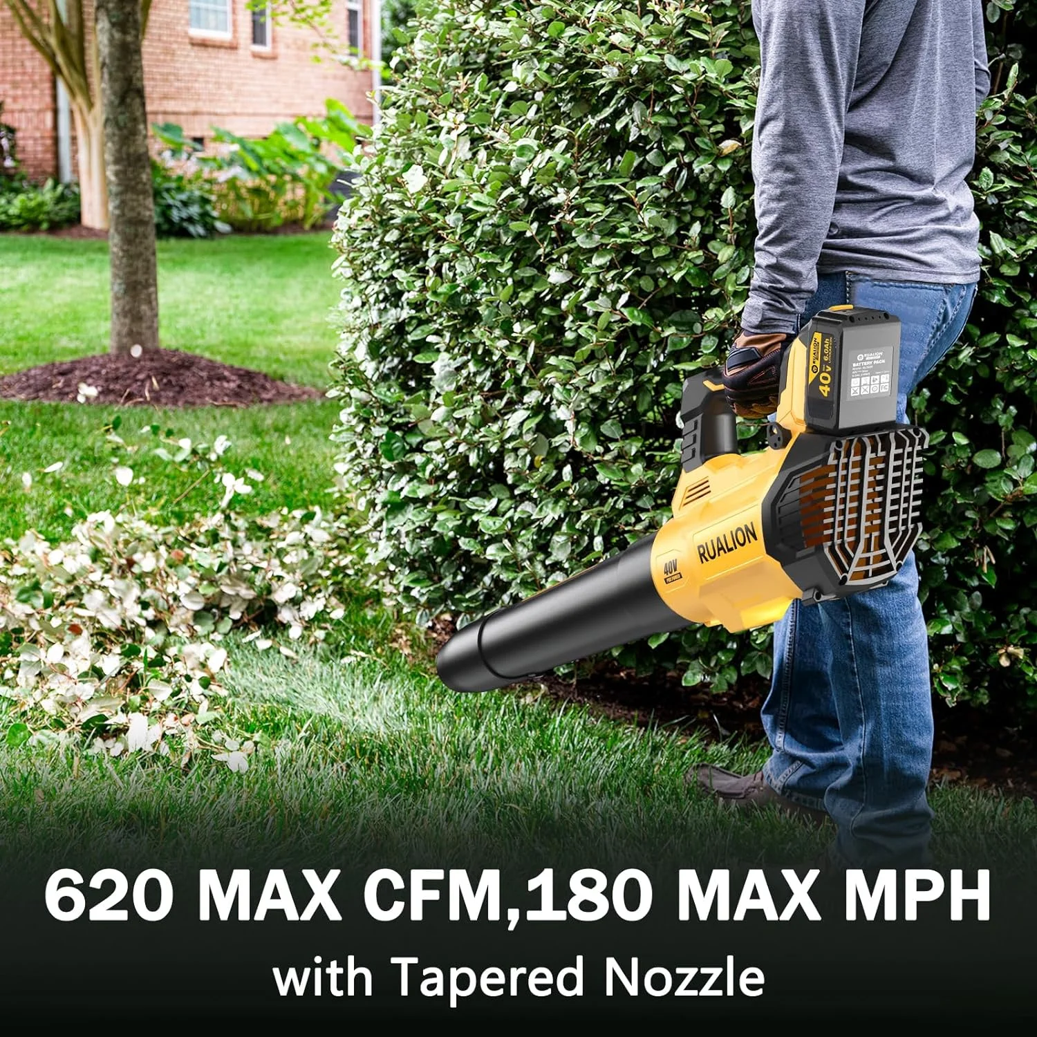 RUALION Leaf Blower Cordless Up to 620 CFM 180 MPH-40V Electric Cordless Leaf Blowers with 6.0 Ah Battery and Charger-Battery Powered Blowers for Lawn Care, Patio, Blowing Leaves