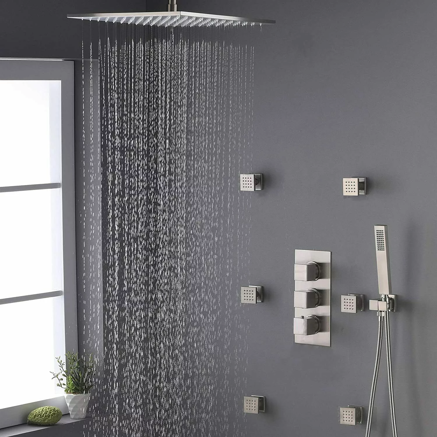 Zovajonia Shower System 12 Inches LED Thermostat Shower Faucet Set,   Rain Shower Head with Handheld Spray laundry jet system  Bathroom Wall Mount Shower Fixtures Brushed Nickel