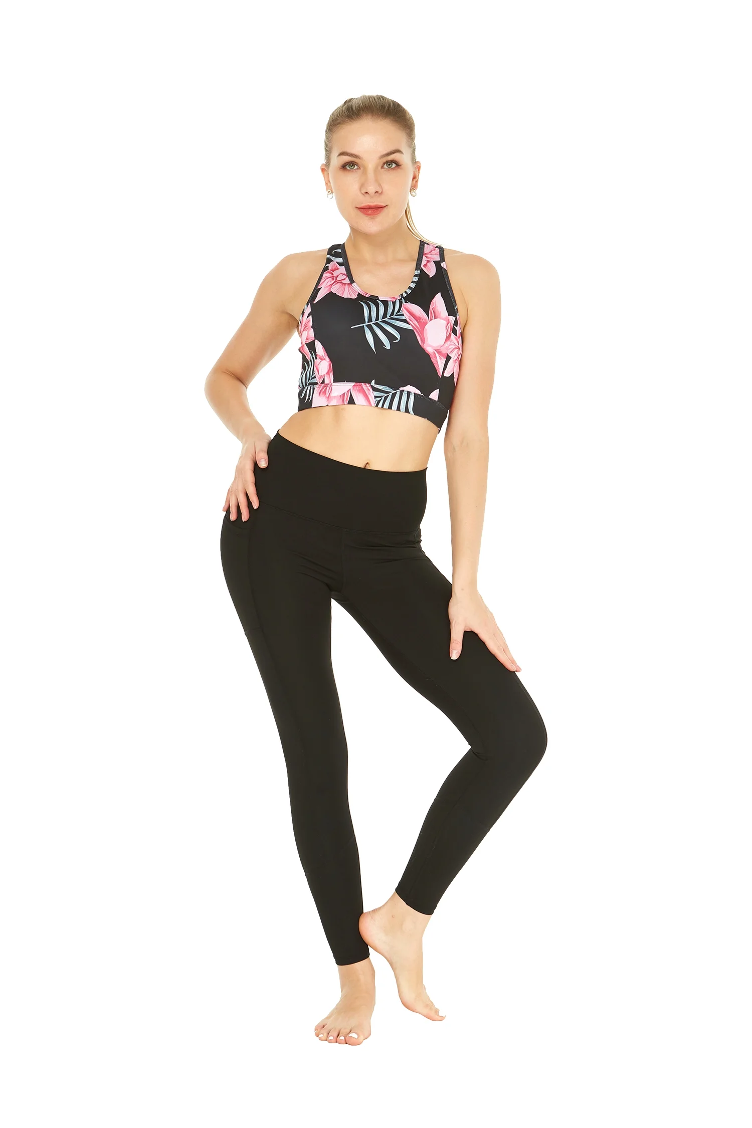 Women's Athletic Sportswear Patterned Bra Top and Solid Legging Set in Lotus and Orchid Black Medium