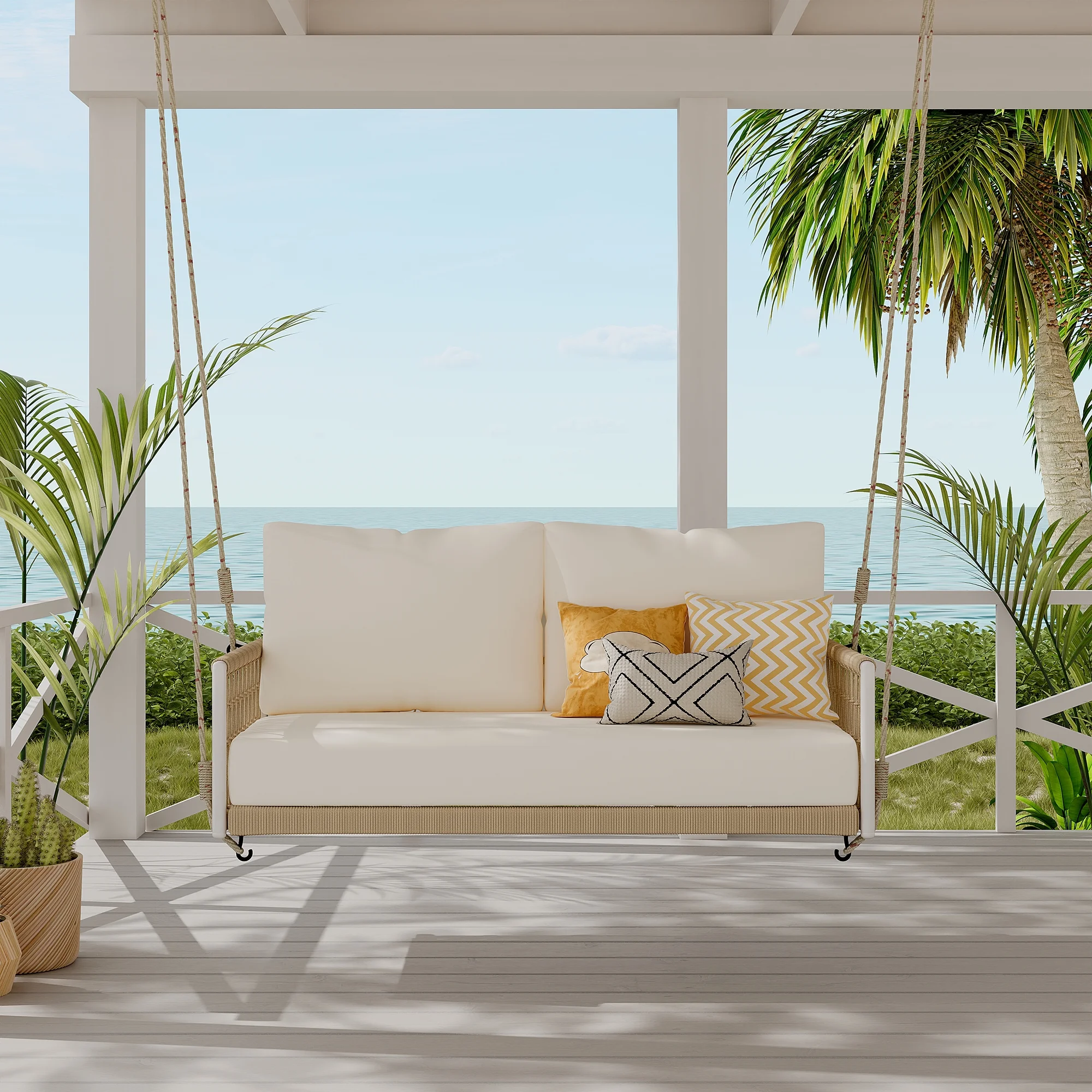 Braided Rope Outdoor Swing 1 Piece Sofa with Cushions and Pillows