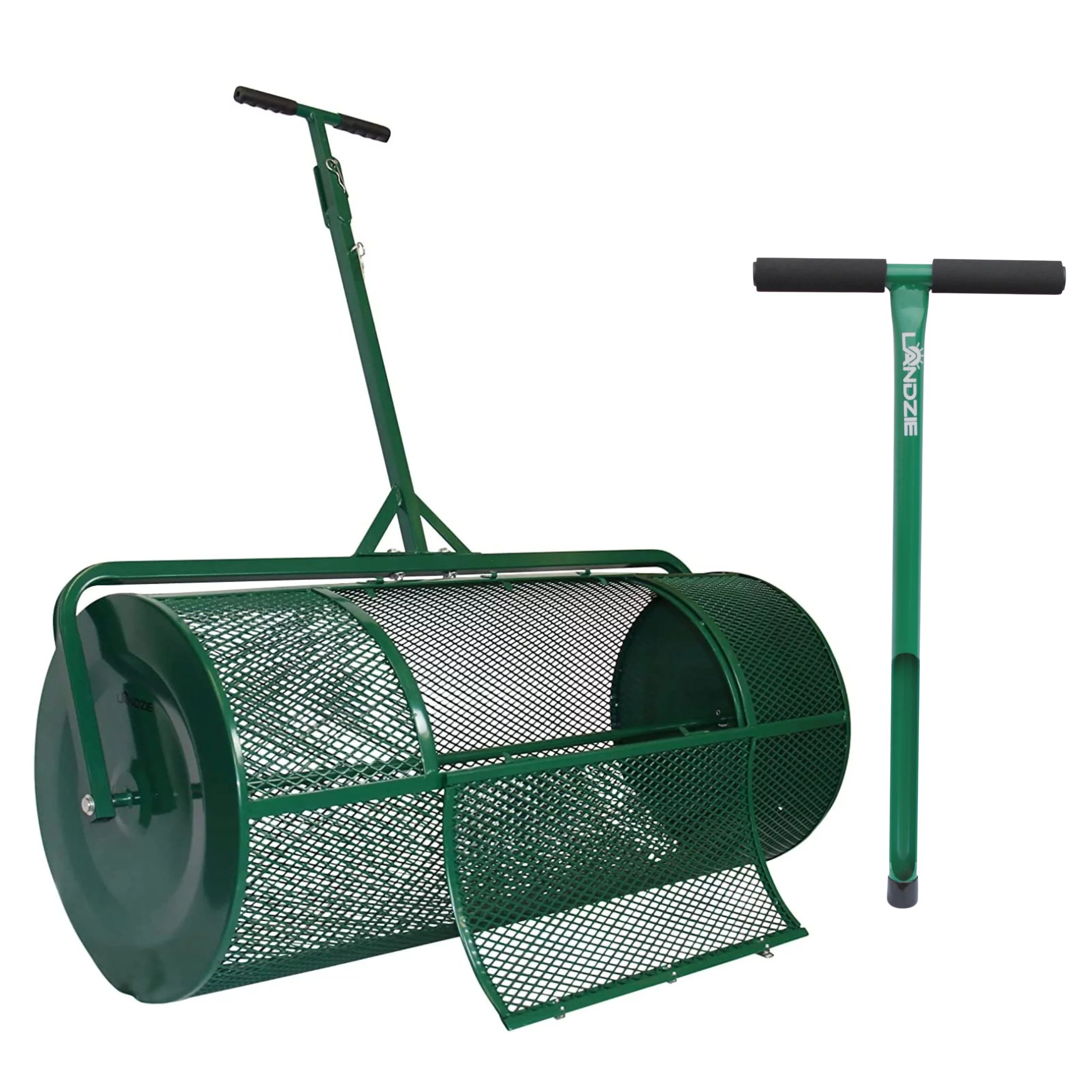 Landzie Lawn & Garden Care Kit - 44 inch Mesh Push/Tow Behind Spreader and 20 Inch Steel Soil Sampler Probe - Test Grass Plugs and Spread Topdressing - Compost, Peat Moss, Topsoil, Mulch, Manure