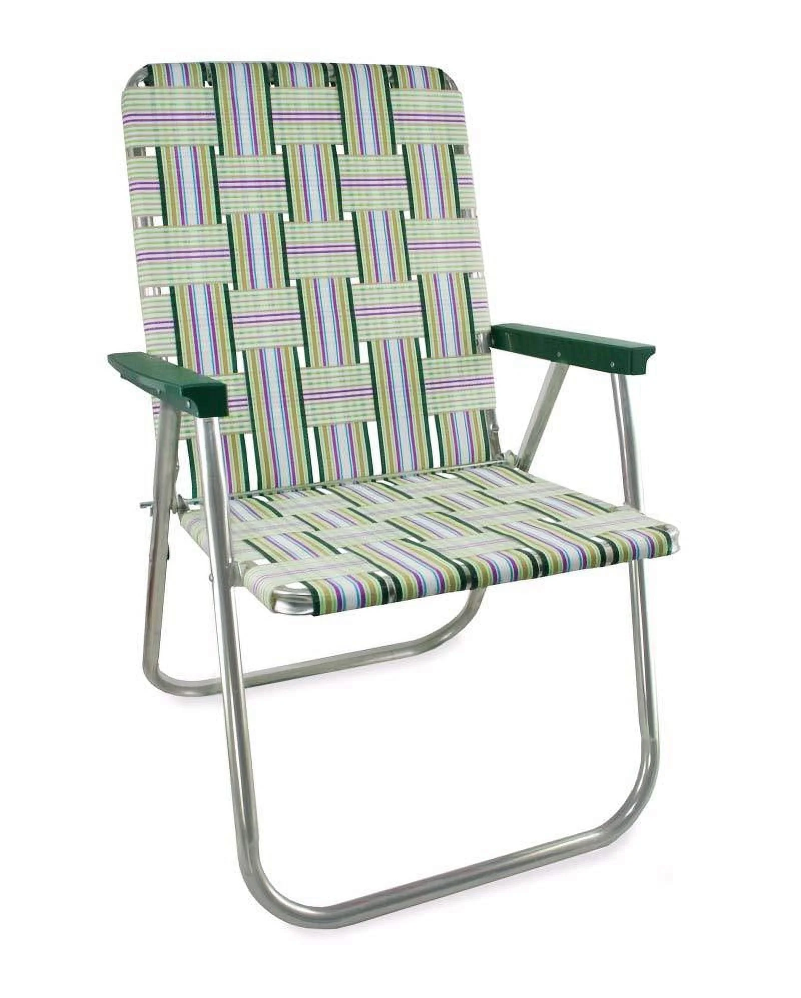 Lawn Chair USA - Classic Folding Aluminum Webbed Chair - Durable, Portable, and Comfortable Outdoor Chair - Ideal for Camping, Sports, and Concerts -Spring Fling with Green arms