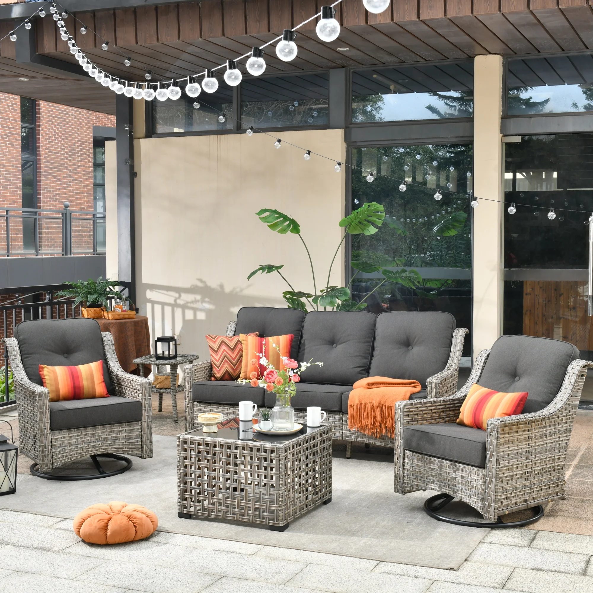 Toject 5 Pieces Patio Outdoor Conversation Set High-Back All Weather Wicker Sofa Set with Swivel Rocking Chairs and Solar Lamp Coffee Table,Black