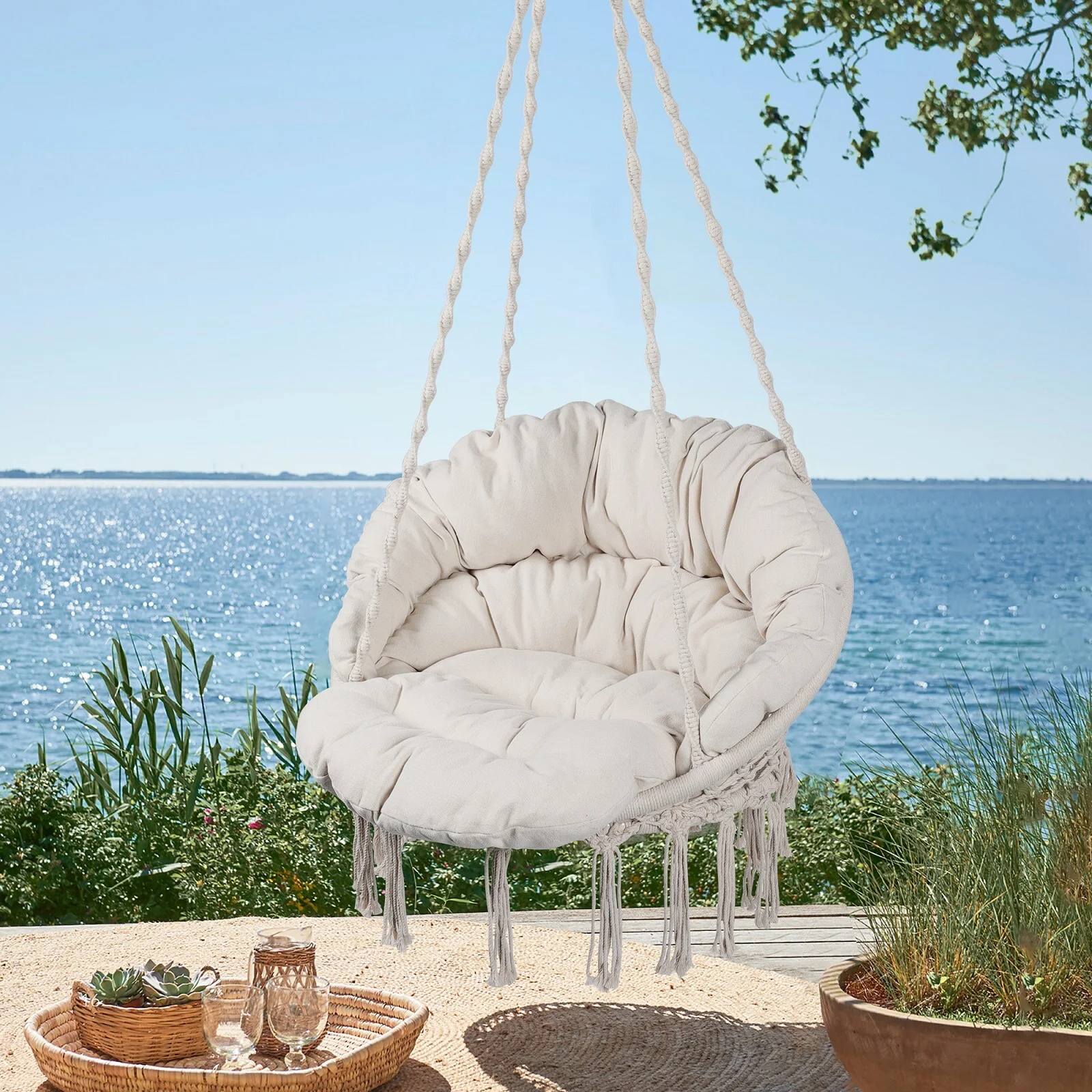Algherohein Modern Hammock Chair with Cushion,Outdoor Patio Swing with Hanging Cotton Rope,White