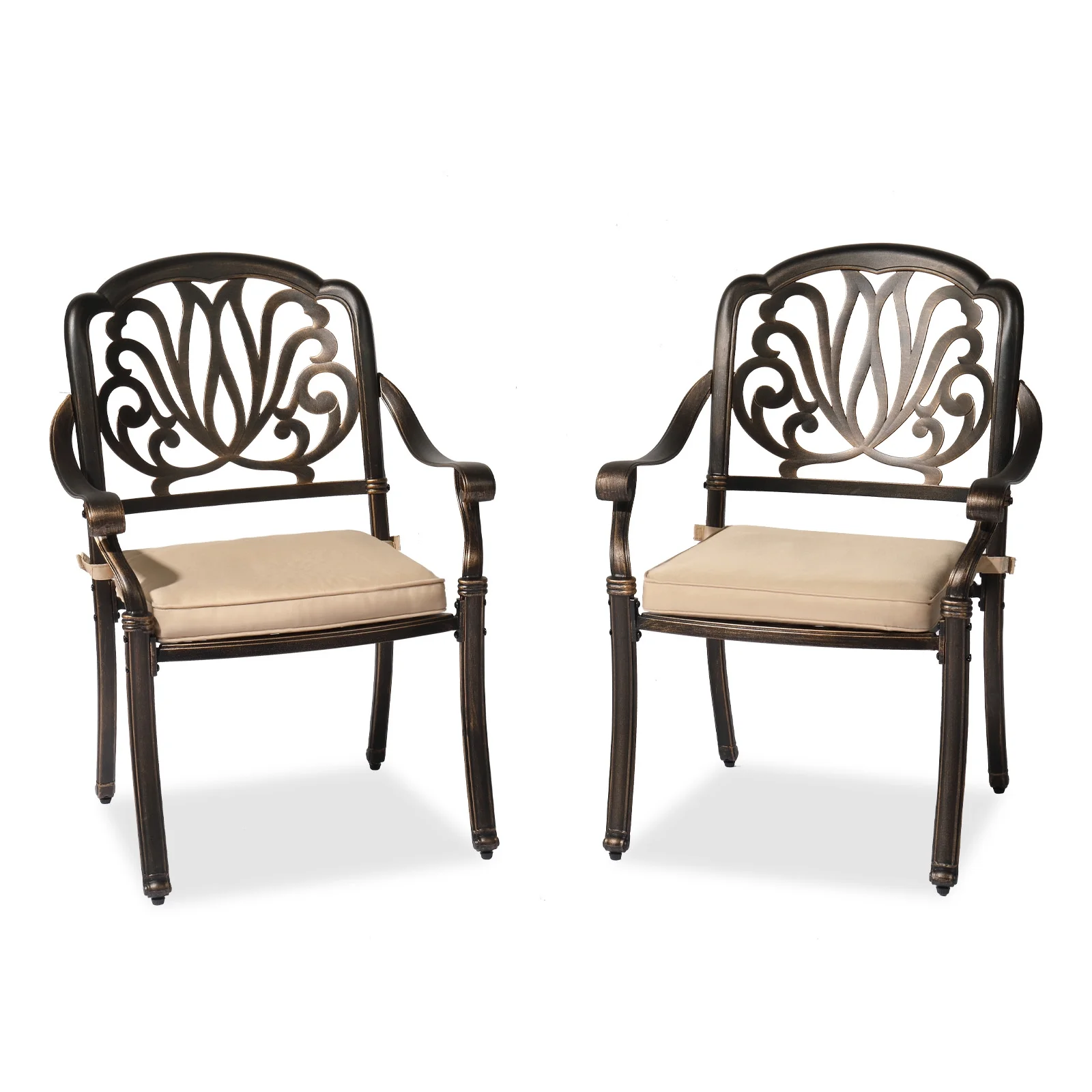 Set of 2 Stackable Aluminum Patio Dining Chairs with Cushions, Ideal for Balcony Backyard Garden Deck, Antique Bronze Finish