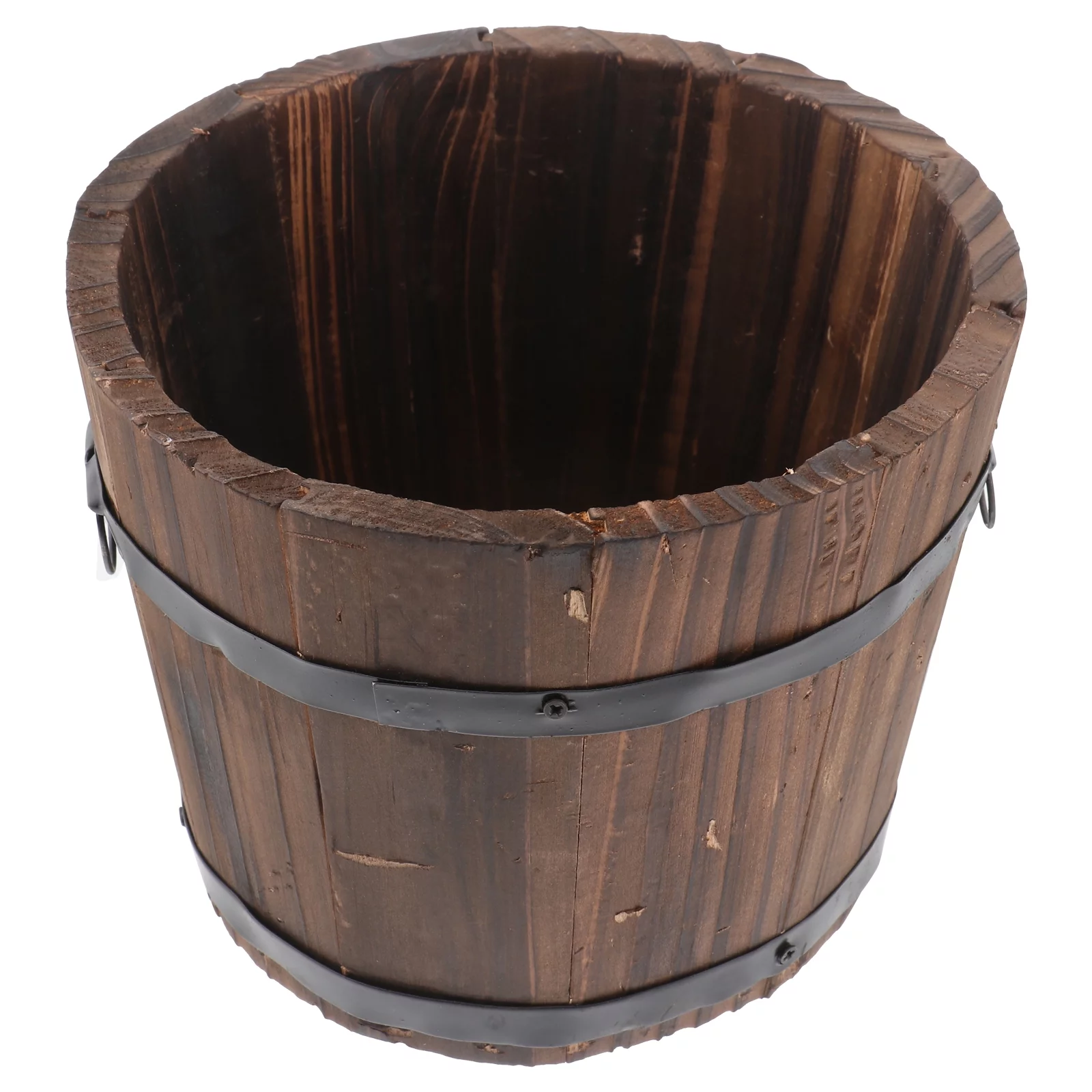 OUNONA Wooden Round Barrel Planter Flower Pots Home Office Garden Wedding Decor (Flat Mouth/Medium/Brown/15x12x13cm)