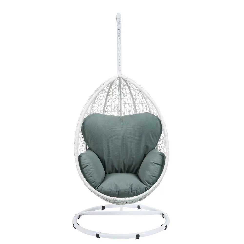 YJTONWIN White Wicker Patio Swing Chair with Stand and Green Cushion