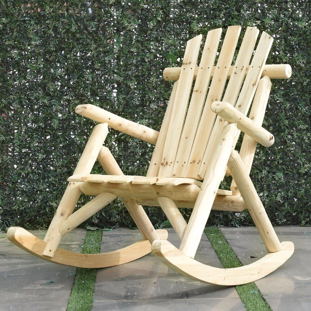 Log Rocking Chair Wood Single Porch Rocker Lounge Patio Deck Furniture Natural Garden Chair