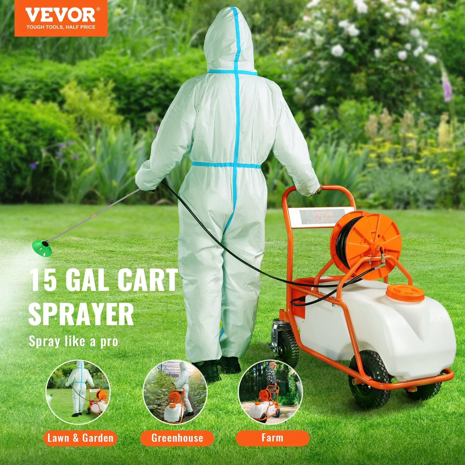 Vevor 15 gal Battery Powered Lawn Sprayer On Wheel with 0-90 PSI Adjustable Pressure
