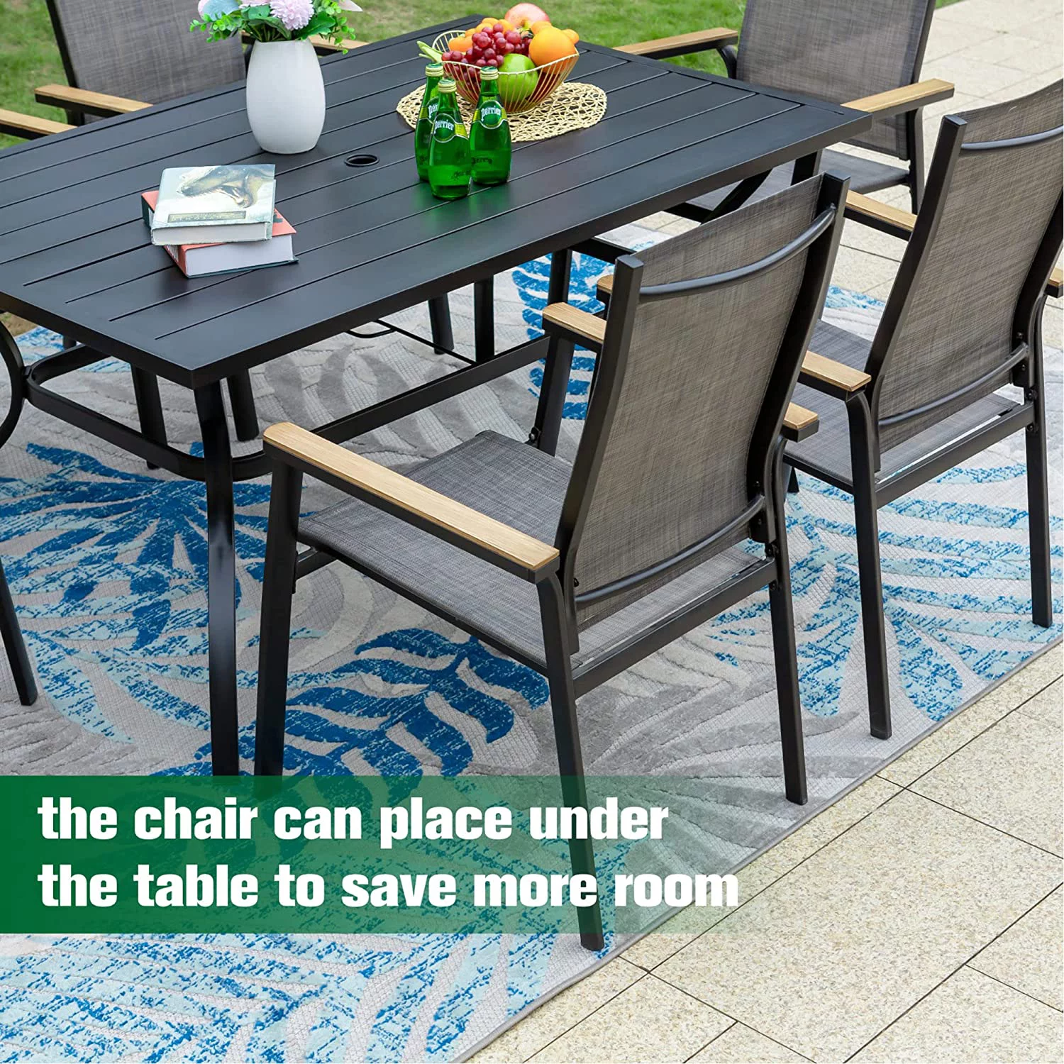 7 PCS Patio Dining Set with 6 Aluminum Sling Chair (Wooden Armrest) and 1 Metal Top Table  Outdoor Furniture for 6