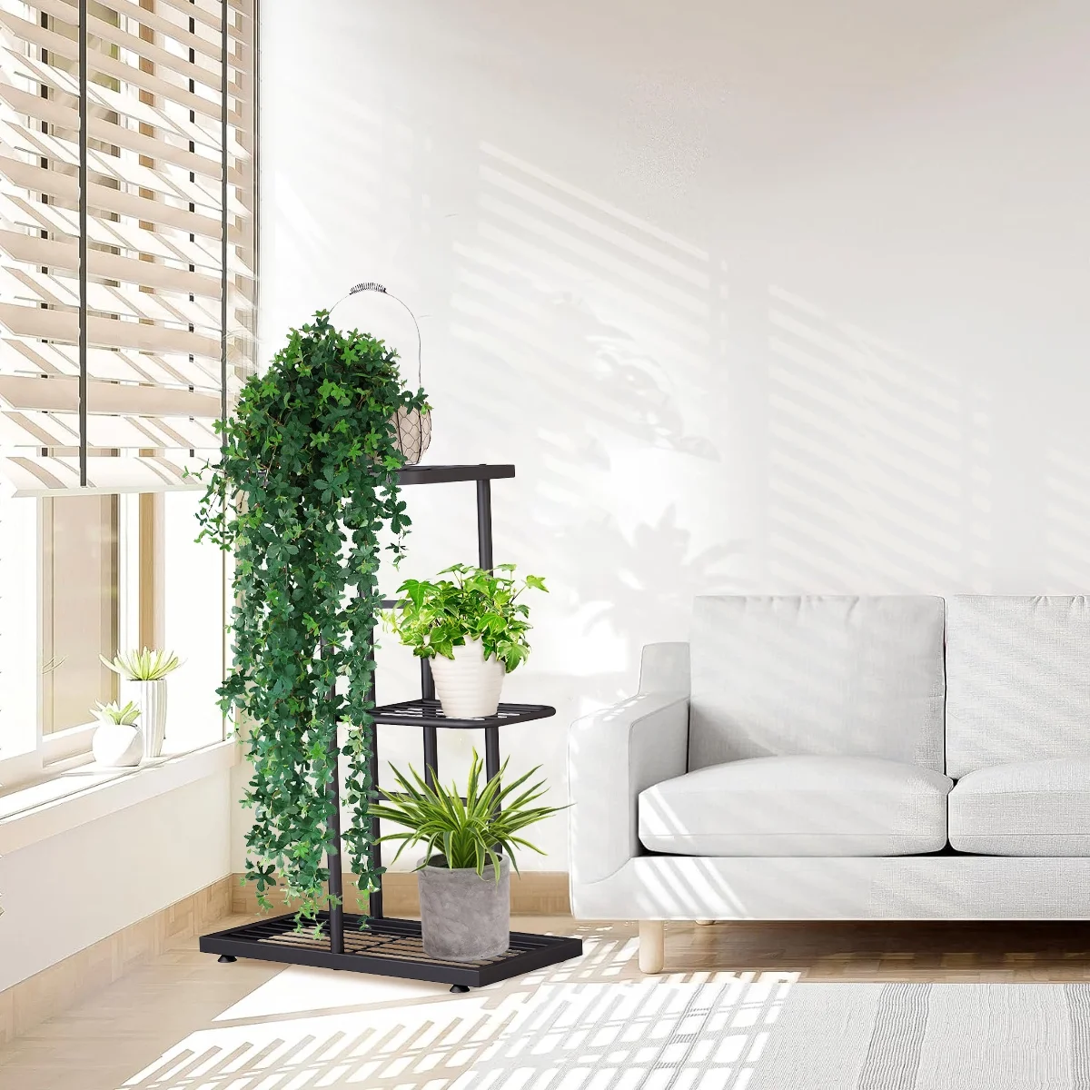 Uptyia Metal Flower Plant Stand Black Plant Stands for Indoors Plant Shelf with 3 Tier 4 Potted Dark Grey Multi-Layer Plant Shelf