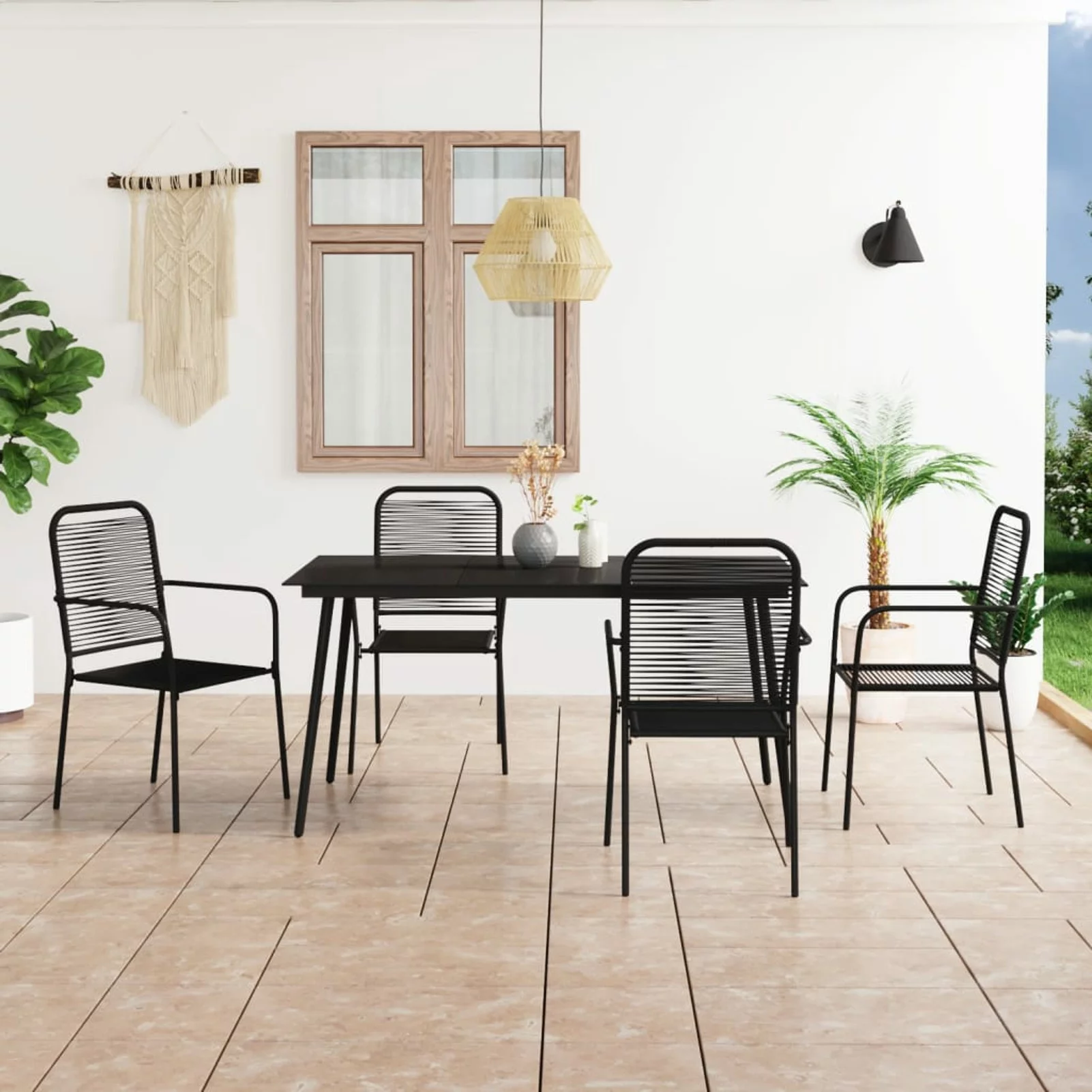 moobody 5 Piece Patio Dining Set Cotton Rope and Steel Black