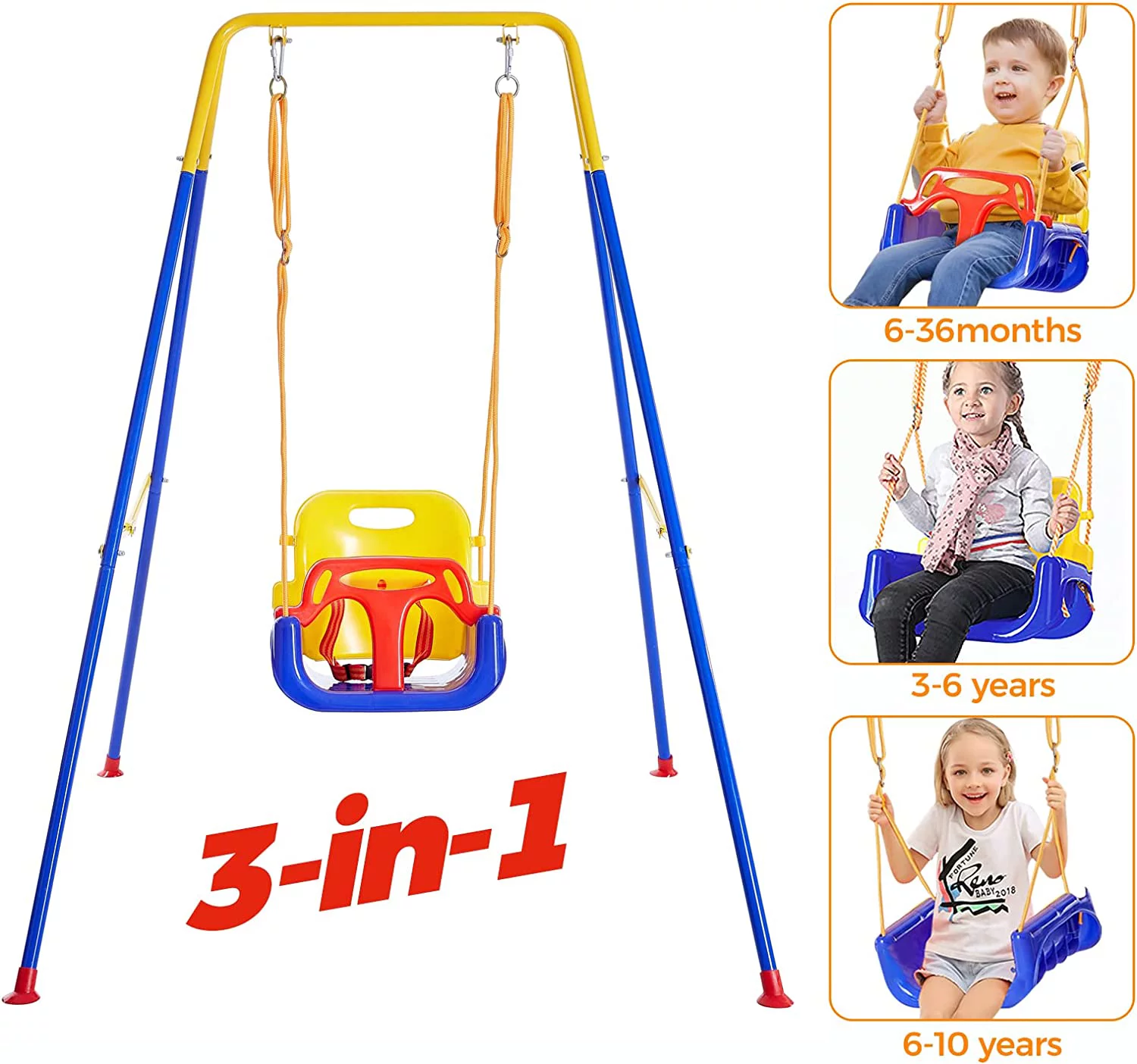 OUWI 3-in-1 Toddler Swing Set with 4 Sandbags, Indoor/Outdoor Baby Swing with Foldable Metal Stand, Kids Swing Set for Backyard, Clear Instructions, Easy to Assemble & Store