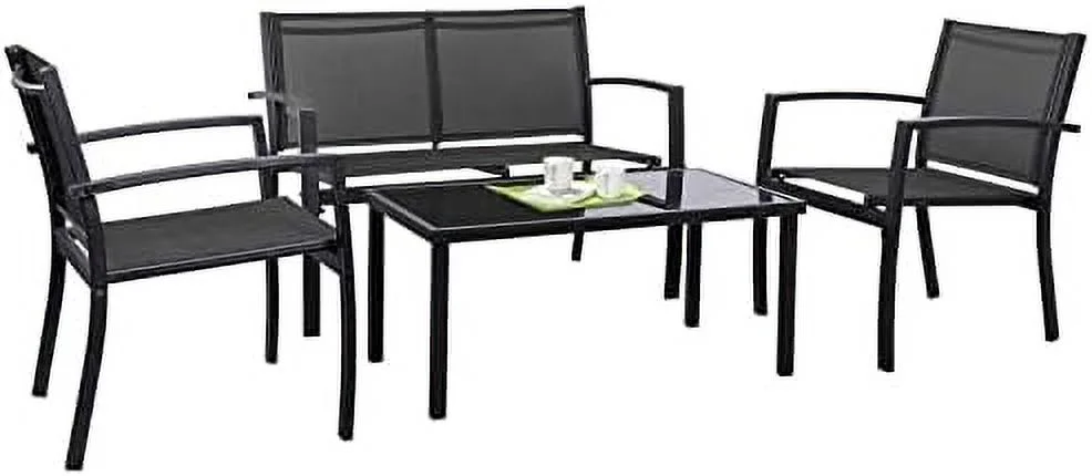 4 Pieces Outdoor Patio  Set Conversation Set with Glass Coffee Table Bistro Set with Loveseat Garden Yard Lawn and Balcony (Grey)