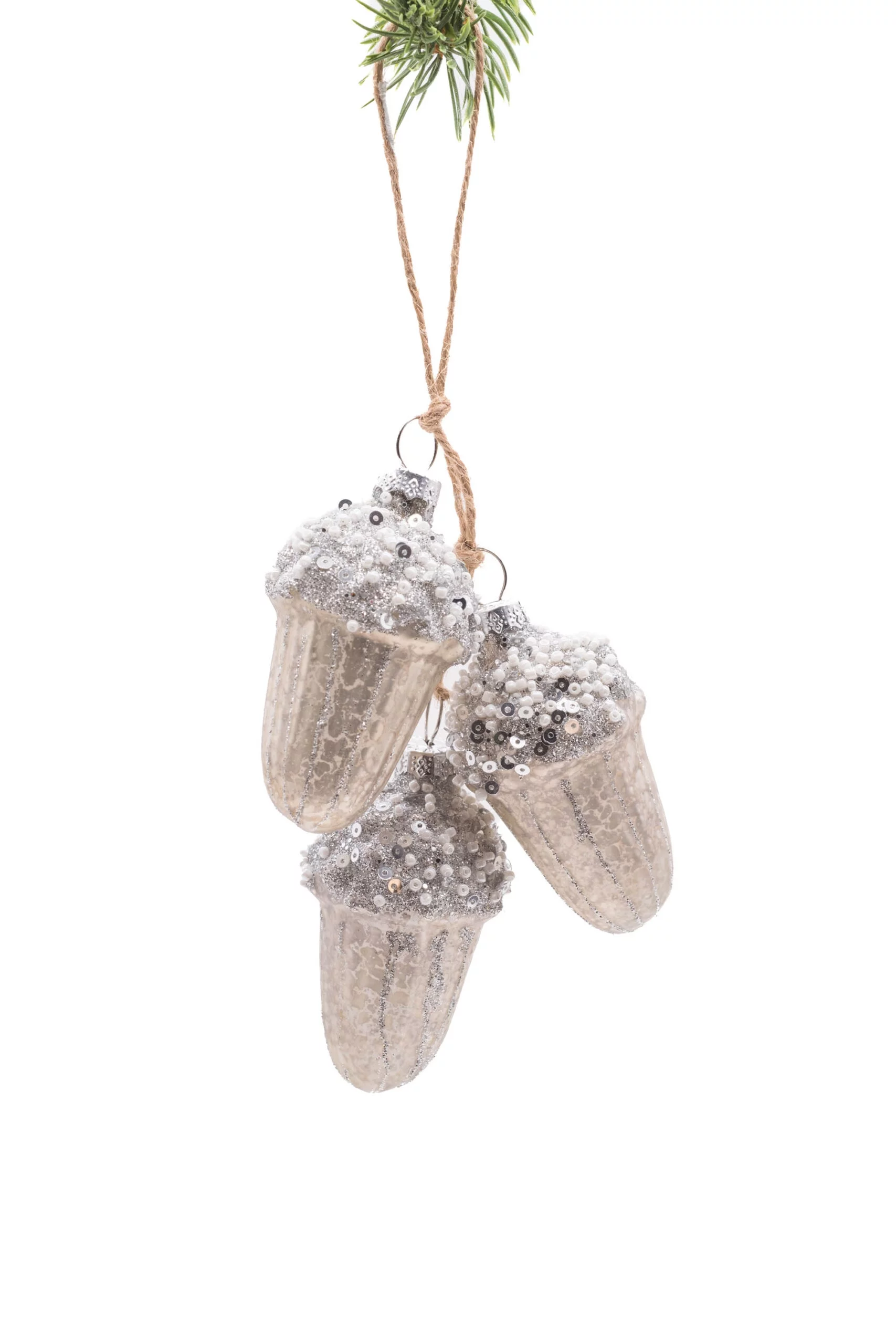 Starlight Collection, Silver Glass Hanging Acorns Ornament Ornament with Glittering Caps (Pack of 3)