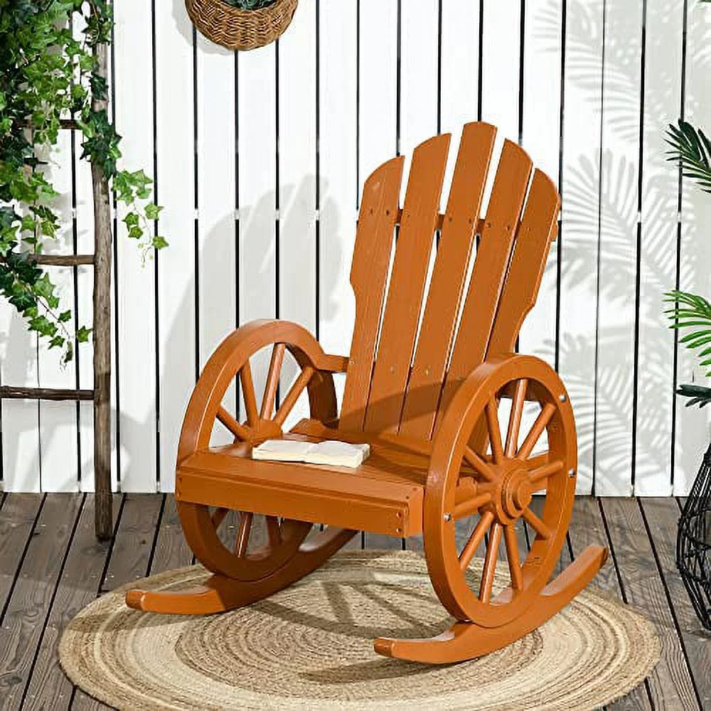 Outsunny Adirondack Rocking Chair with Slatted Design and Oversize Back for Porch, Poolside, or Garden Lounging, Teak