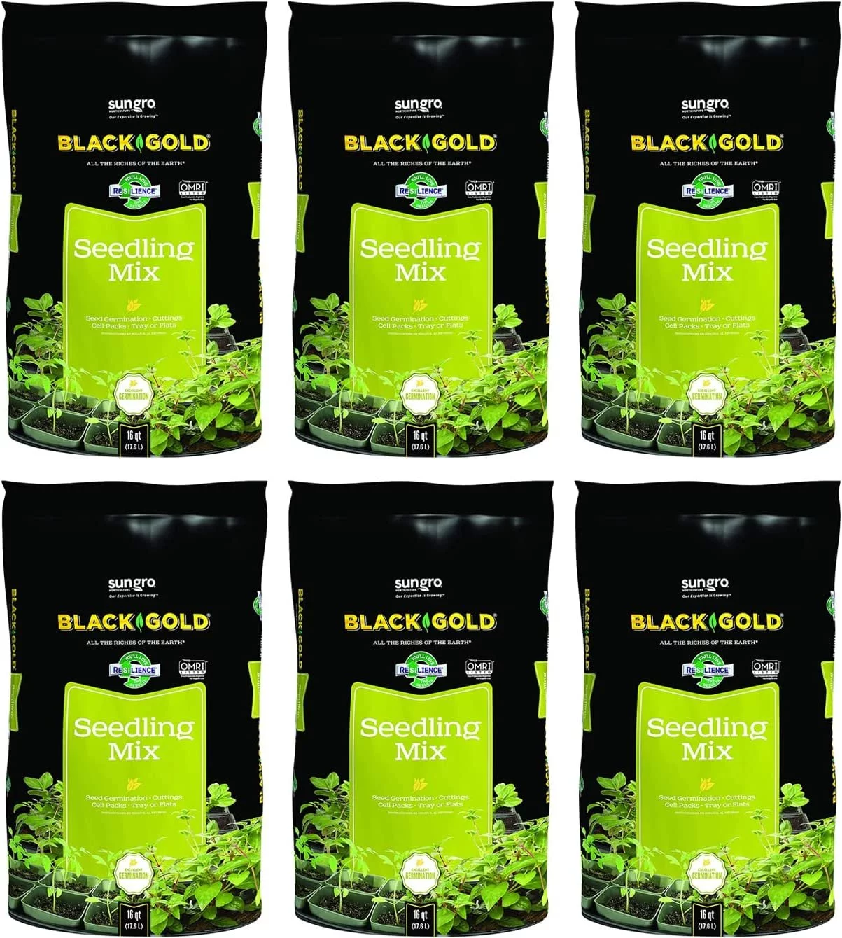 SunGro Black Gold Seedling Germination Mix for Seeds, Cutting, Vegetables, and Herbs, 16 Quart Bag 6 Pack