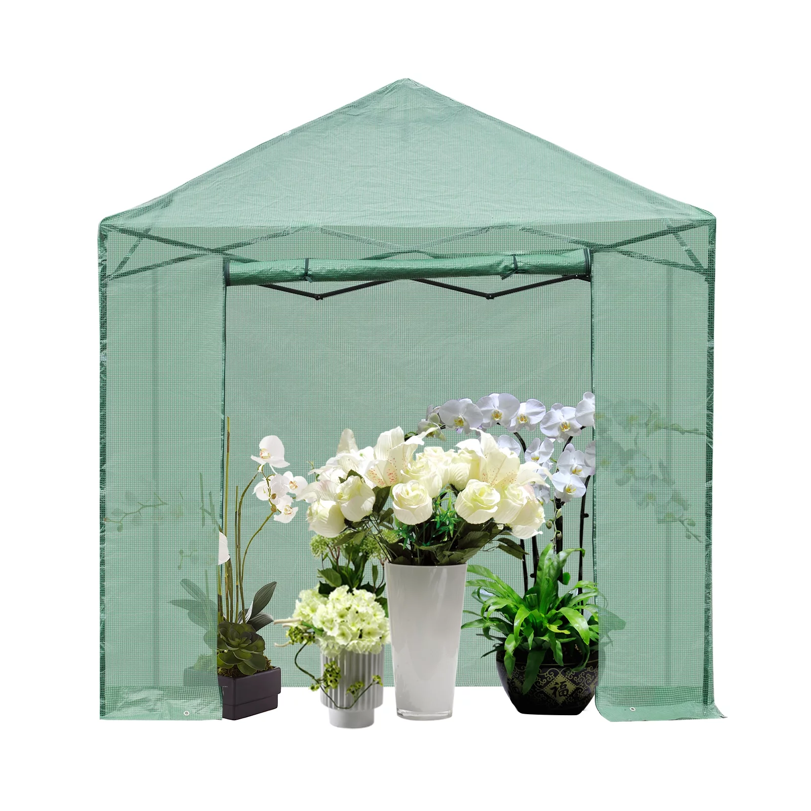 8*8ft Plastic Sprayed Iron Pipe PE Mesh Foldable Greenhouse Shed For Plant Veg Flower
