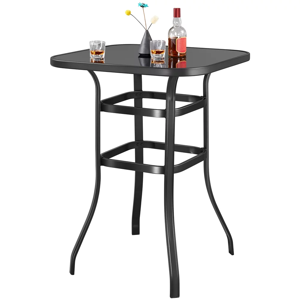 Yaheetech Outdoor Tall Patio Bistro Table with Tempered Glass Tabletop Sturdy Iron Frame Square Furniture, Black