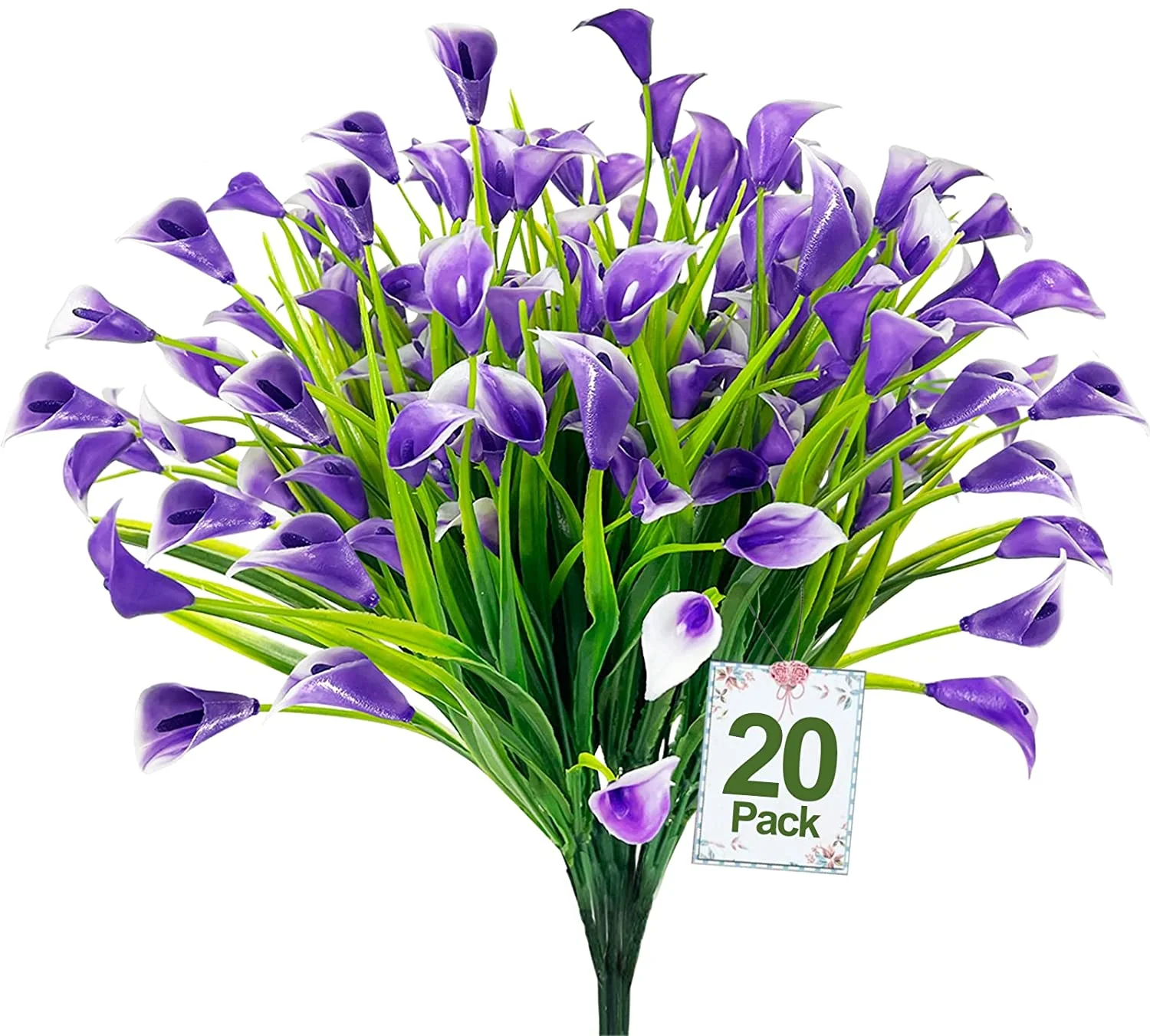 Morttic 20 Bundles Calla Lily Artificial Flower Plants Outdoor Decoration, UV Resistant Faux Fake Plants Plastic Spring Flower Indoor Outside Hanging Planter Home Kitchen Garden Porch Decor (Purple)