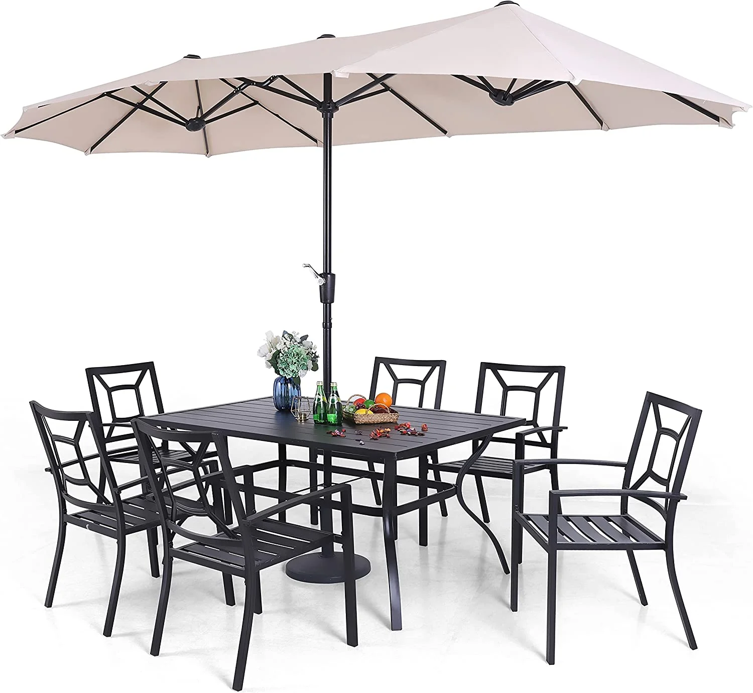 VILLA 5 Piece Patio Dining Set with 10ft Umbrella  37" Square Metal Dining Table & 4 Stacking Metal Chair with 3 Tier Navy Umbrella for Outdoor  Deck  Yard  Porch