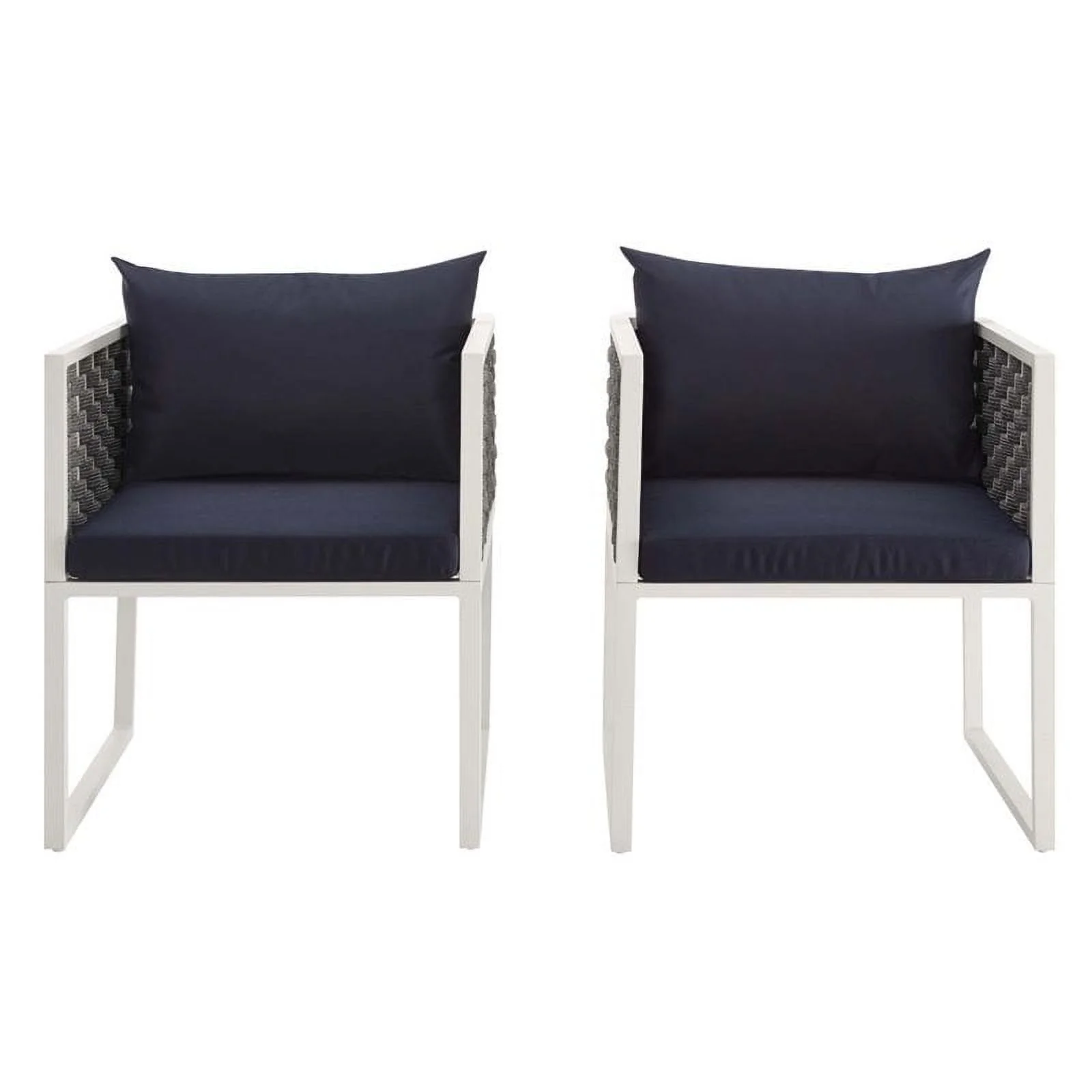Pemberly Row  Aluminum Patio Dining Armchair in White and Navy (Set of 2)
