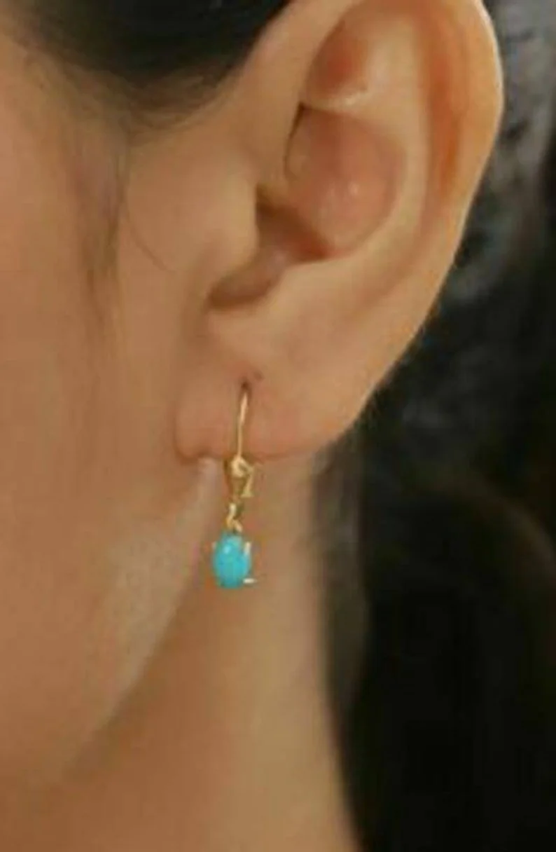Gaspara Oval Cut Turquoise Drop Dangle Earring 925 Sterling Silver 14K Yellow Gold Finish