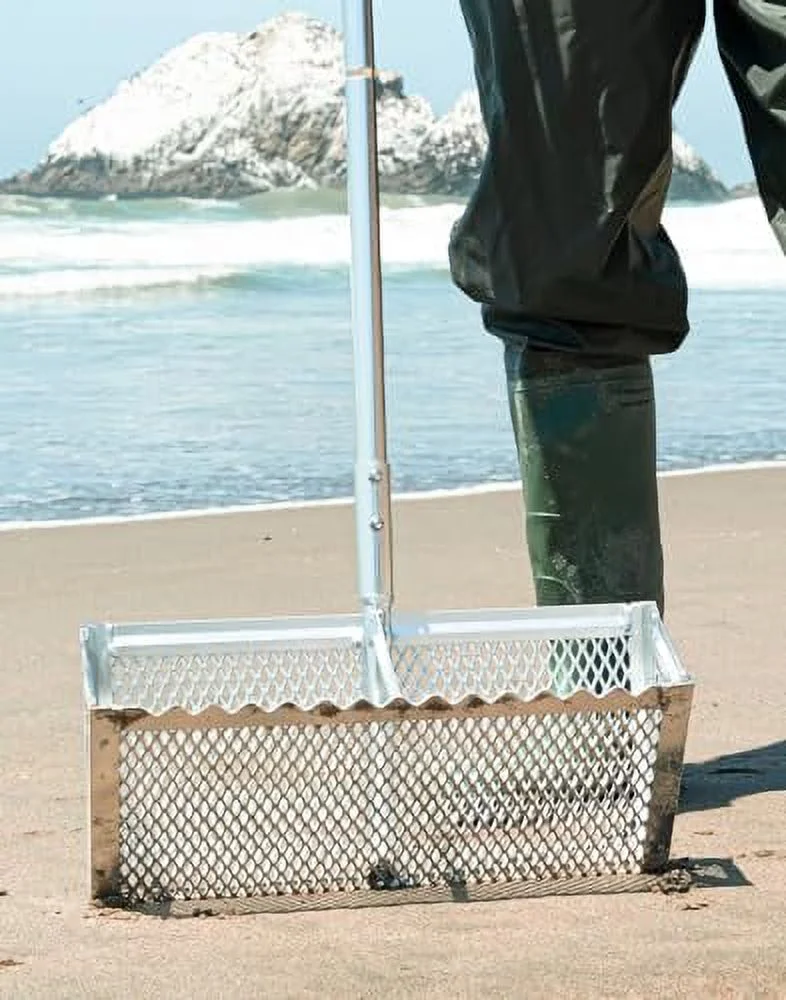 Exact Design Sand Flea Rake,16-Inches Wide Basket, 52 Long Strong Handle, Sharp Teeth, Curved Handle Design [One Piece Handle Version]