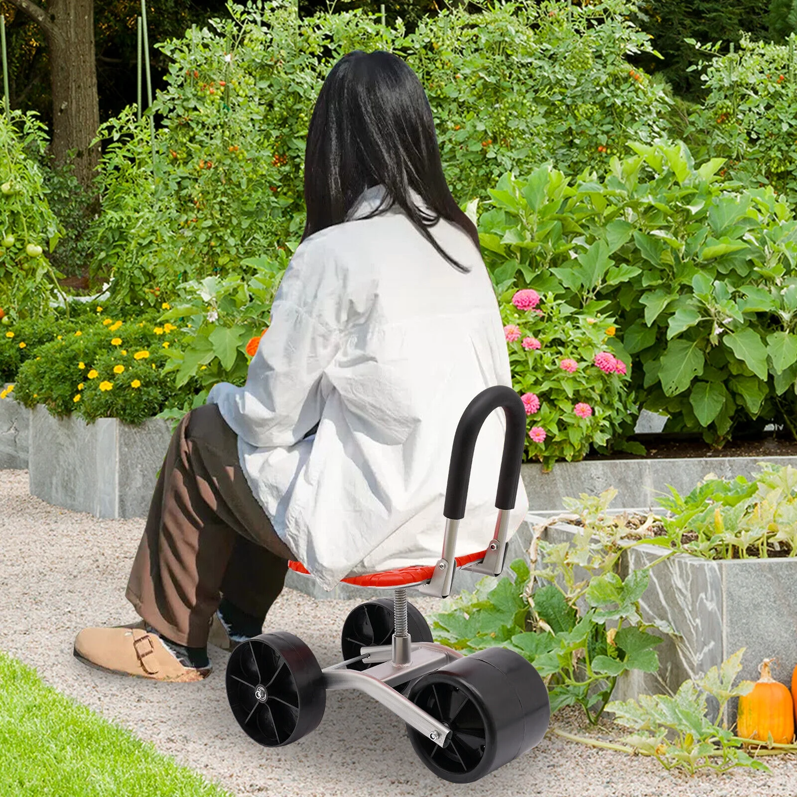 Height Adj. 360° Rotates Gardening Seats W/3 Rolling Wheels Stool Kneeling Pad