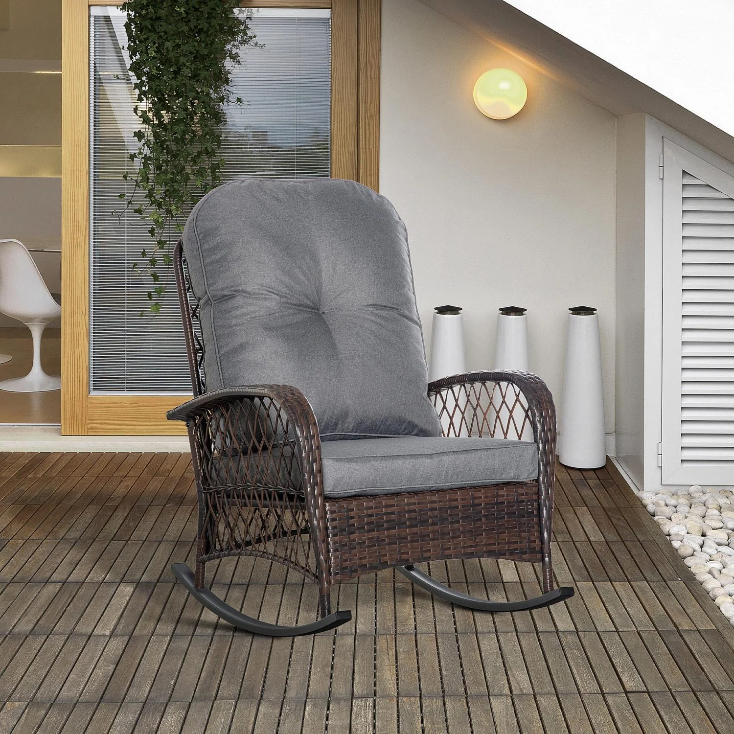 ZWNLKQG Outdoor Wicker Rocking Chair with Wide Seat  Thick  Soft Cushion  Rattan Rocker w/Steel Frame  High Weight Capacity for Patio  Garden  Backyard  Grey